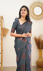 Copper Zari Gola Butti Lichi Art Silk Saree – Grey