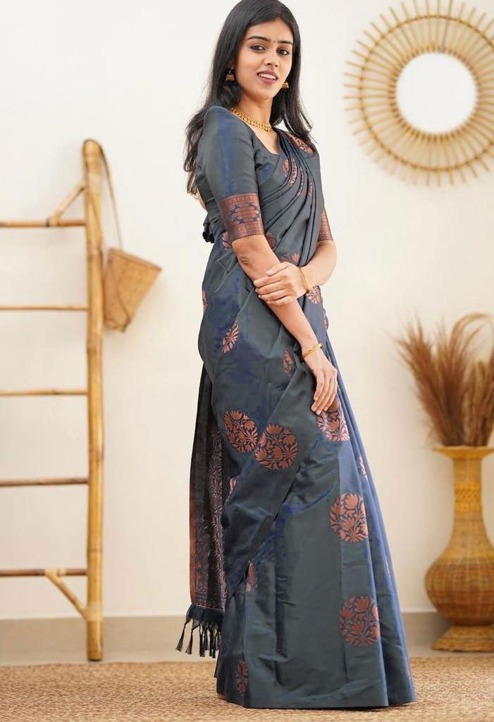 Copper Zari Gola Butti Lichi Art Silk Saree – Grey
