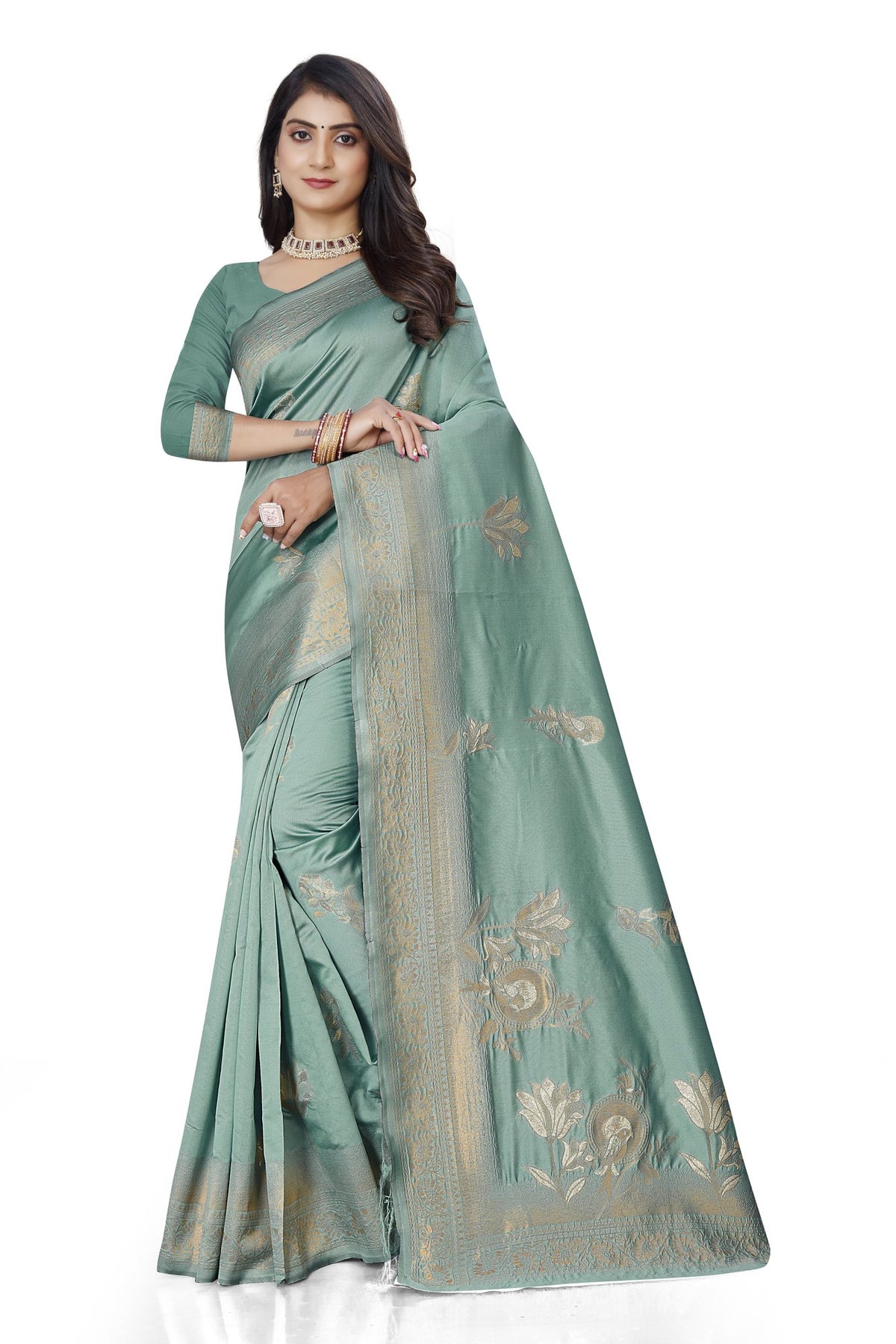Pastel Zari Floral Art Silk Saree – Sea Green