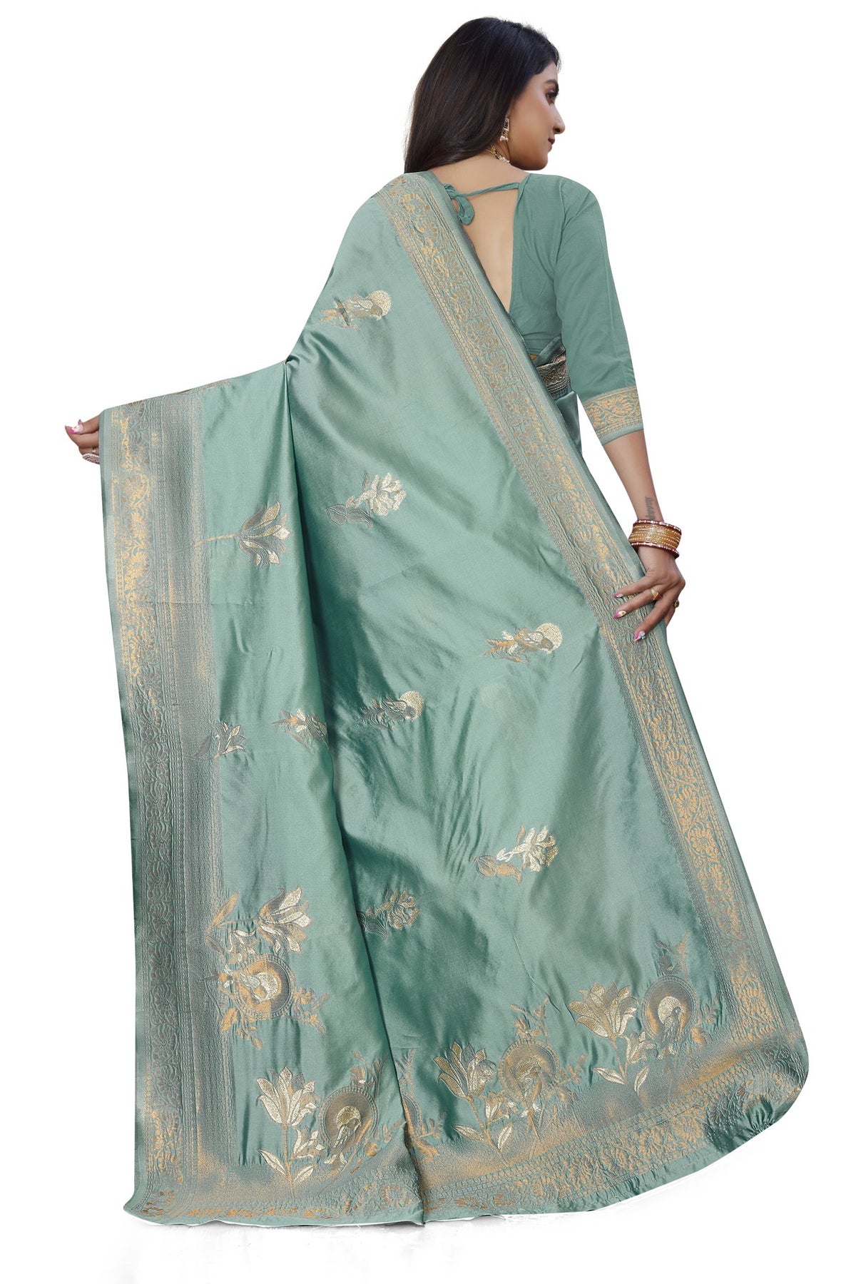 Pastel Zari Floral Art Silk Saree – Sea Green