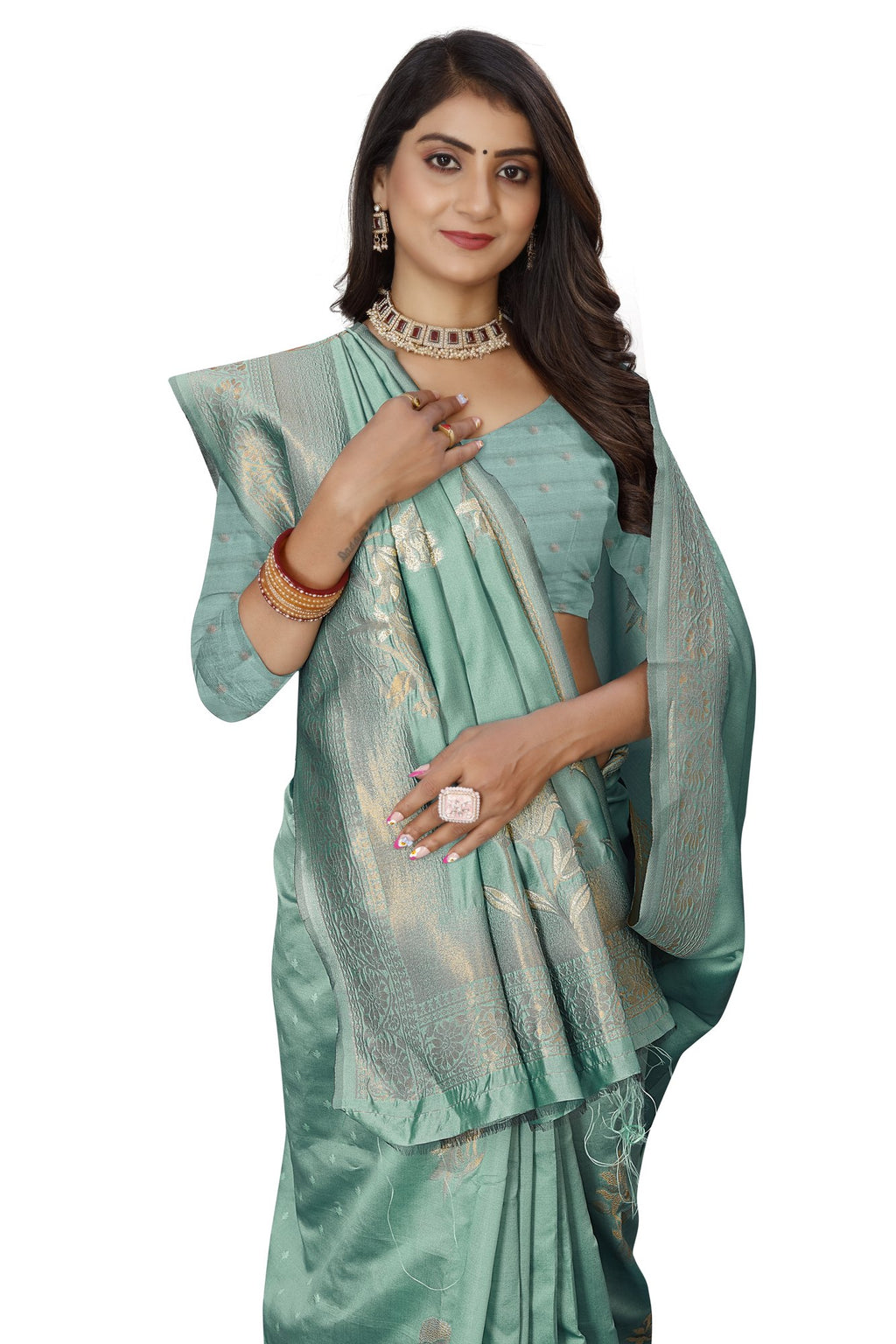 Pastel Zari Floral Art Silk Saree – Sea Green