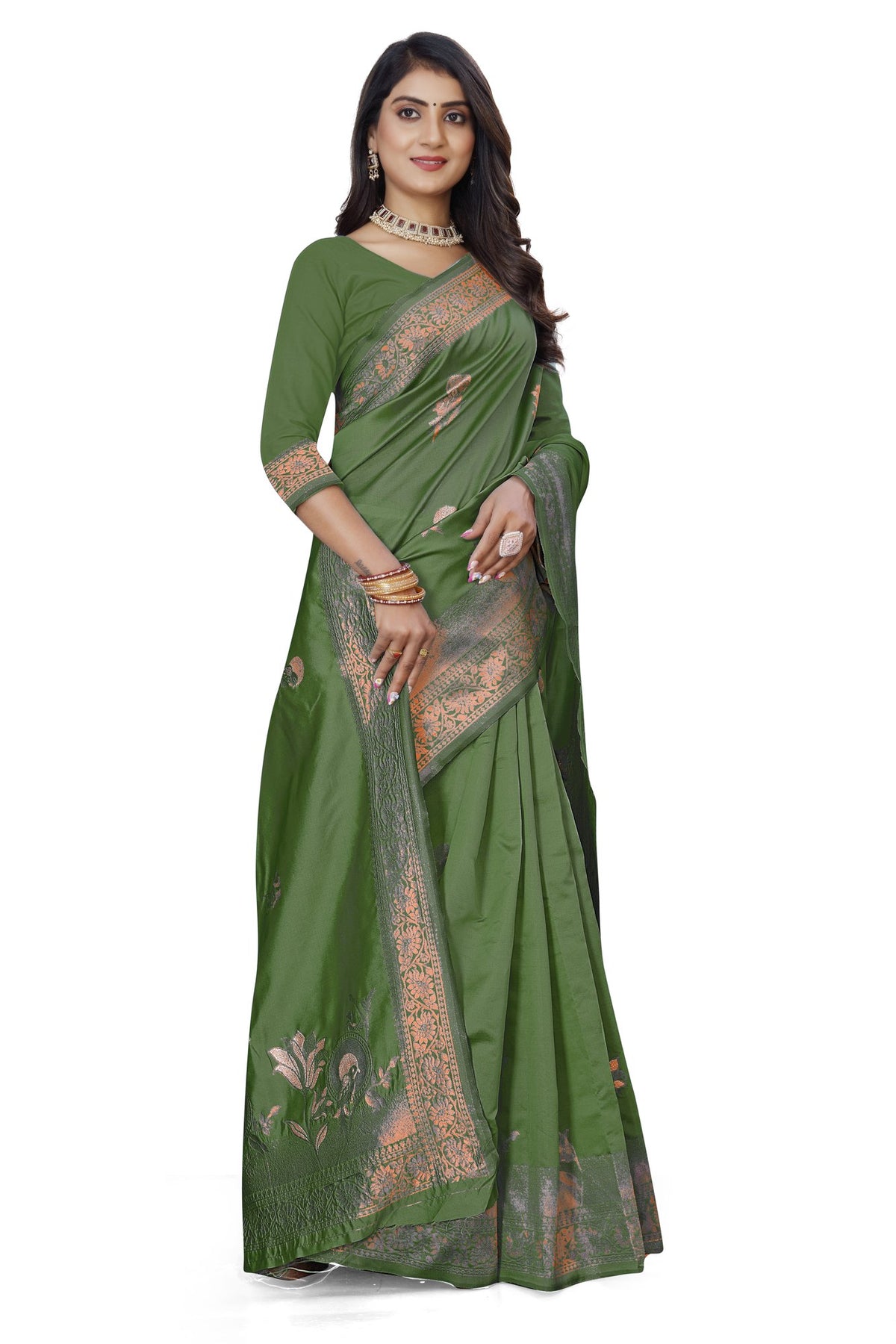 Pastel Zari Floral Art Silk Saree – Mehndi