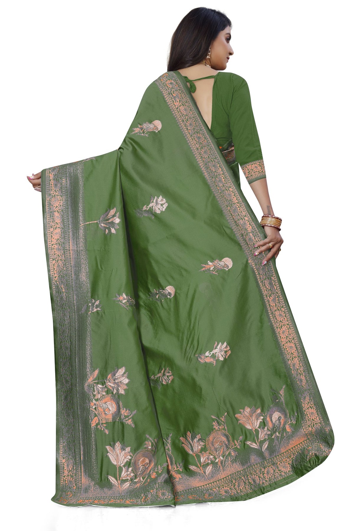 Pastel Zari Floral Art Silk Saree – Mehndi