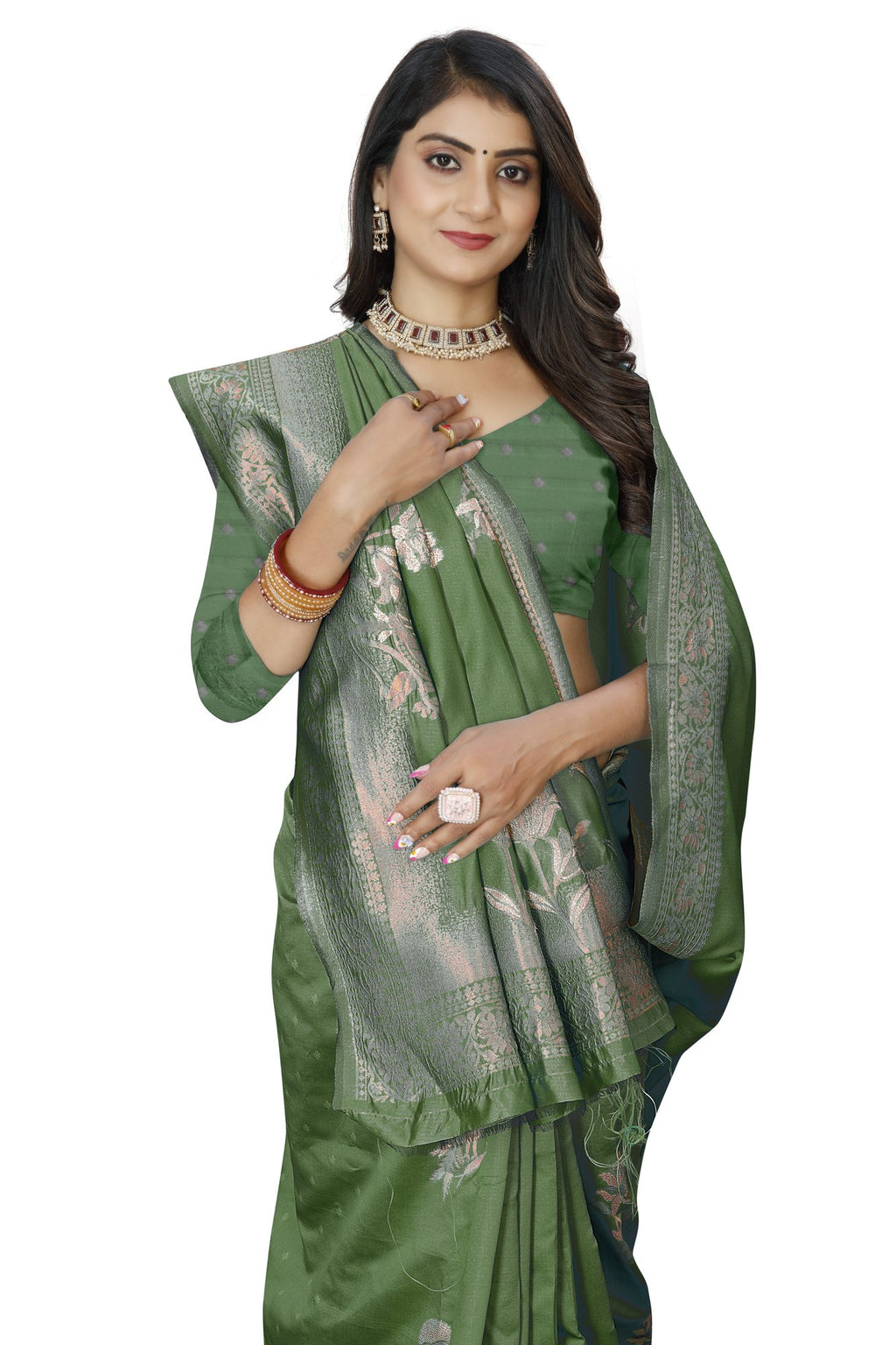 Pastel Zari Floral Art Silk Saree – Mehndi