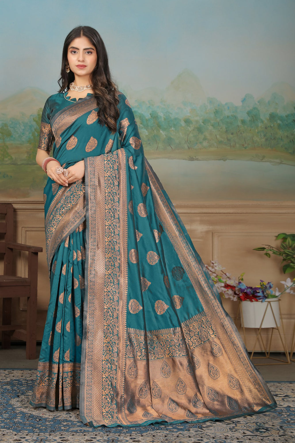 Peacock Blue Keri-motif Art Silk Saree