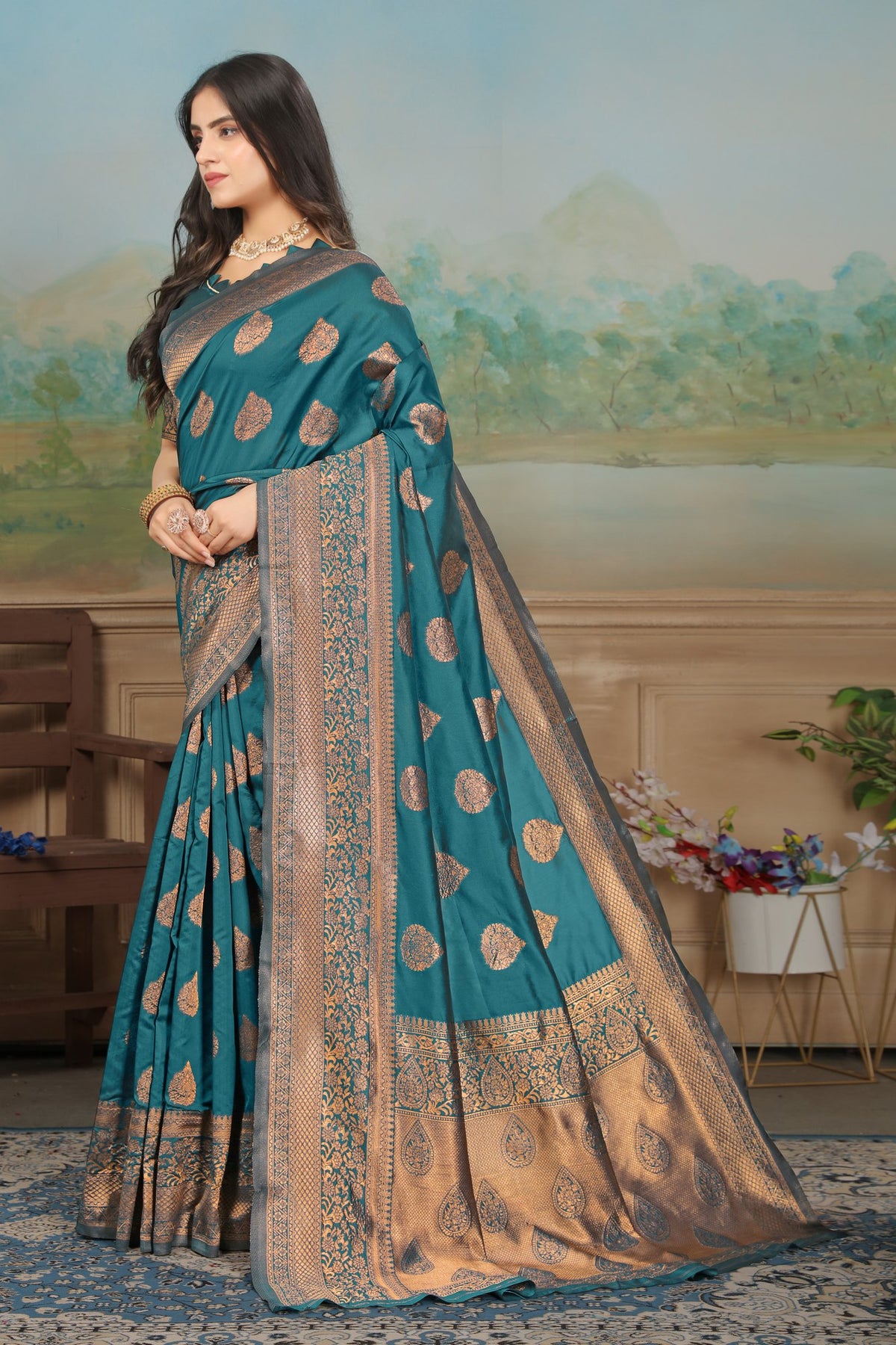 Peacock Blue Keri-motif Art Silk Saree