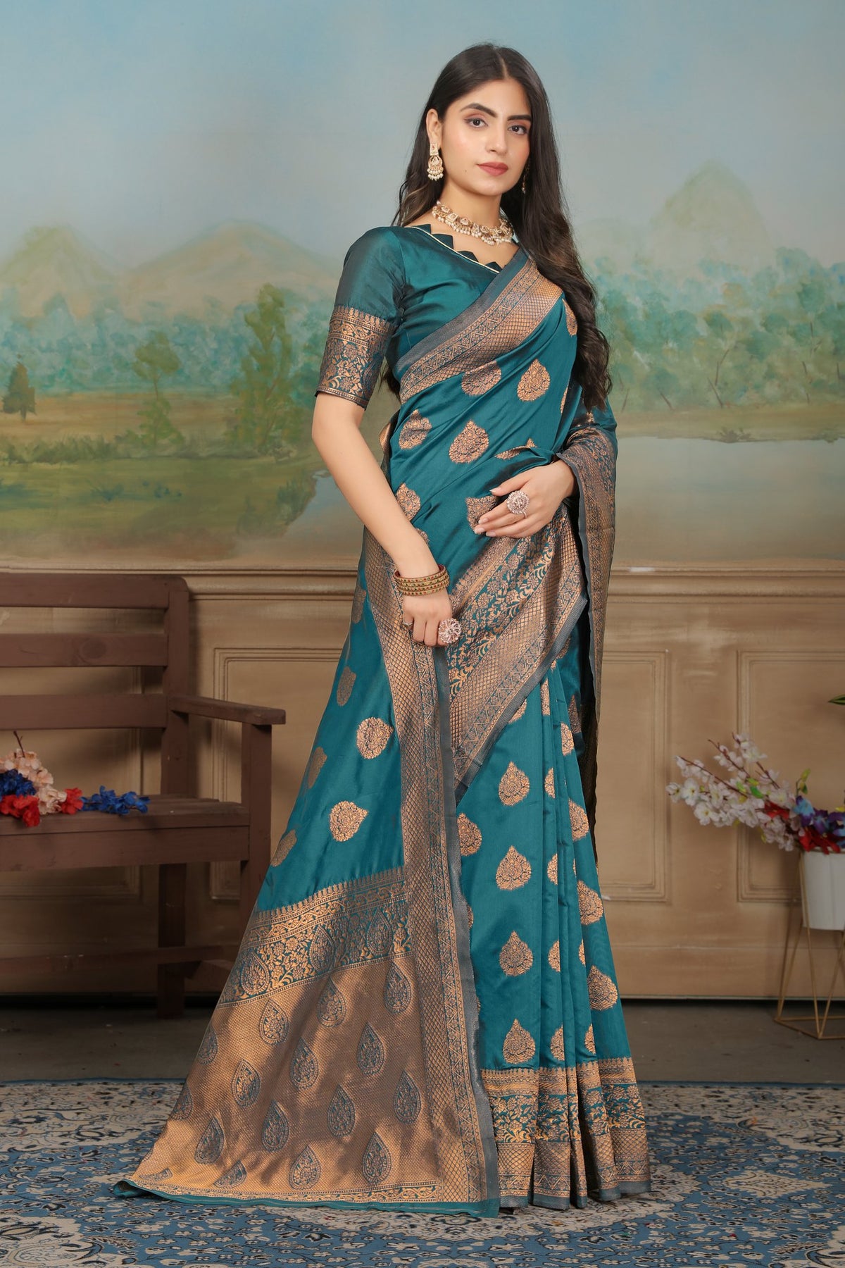 Peacock Blue Keri-motif Art Silk Saree