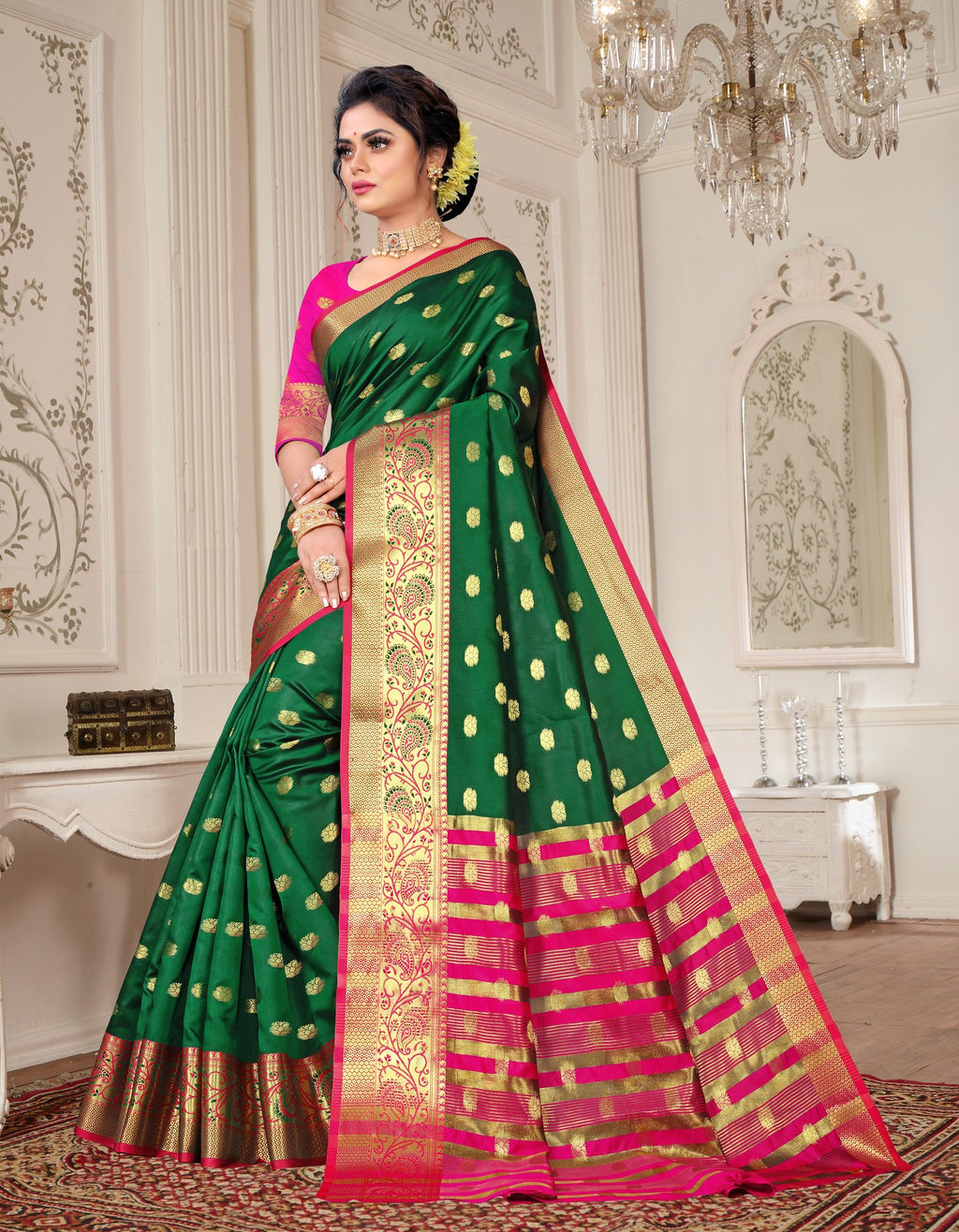 Lichi Art Silk Saree with Pokiya Butti – Bottle Green