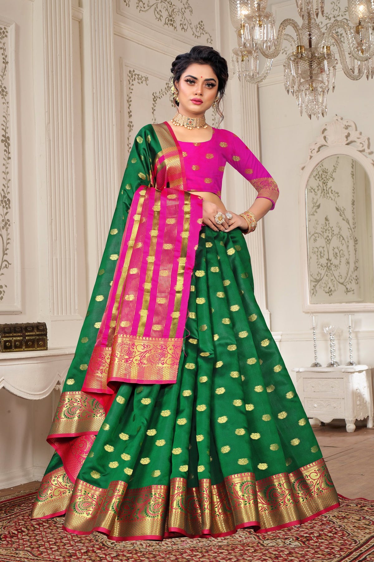 Lichi Art Silk Saree with Pokiya Butti – Bottle Green