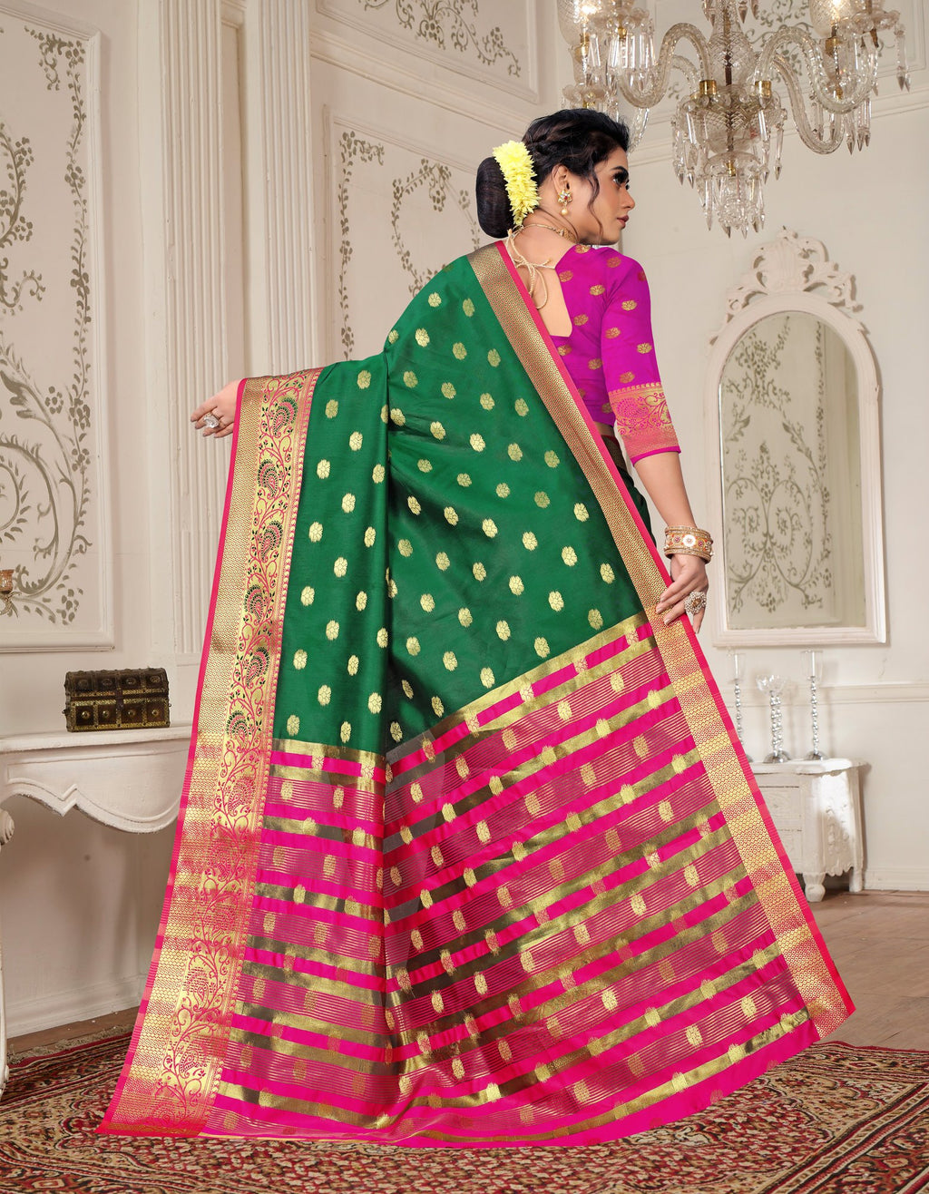 Lichi Art Silk Saree with Pokiya Butti – Bottle Green