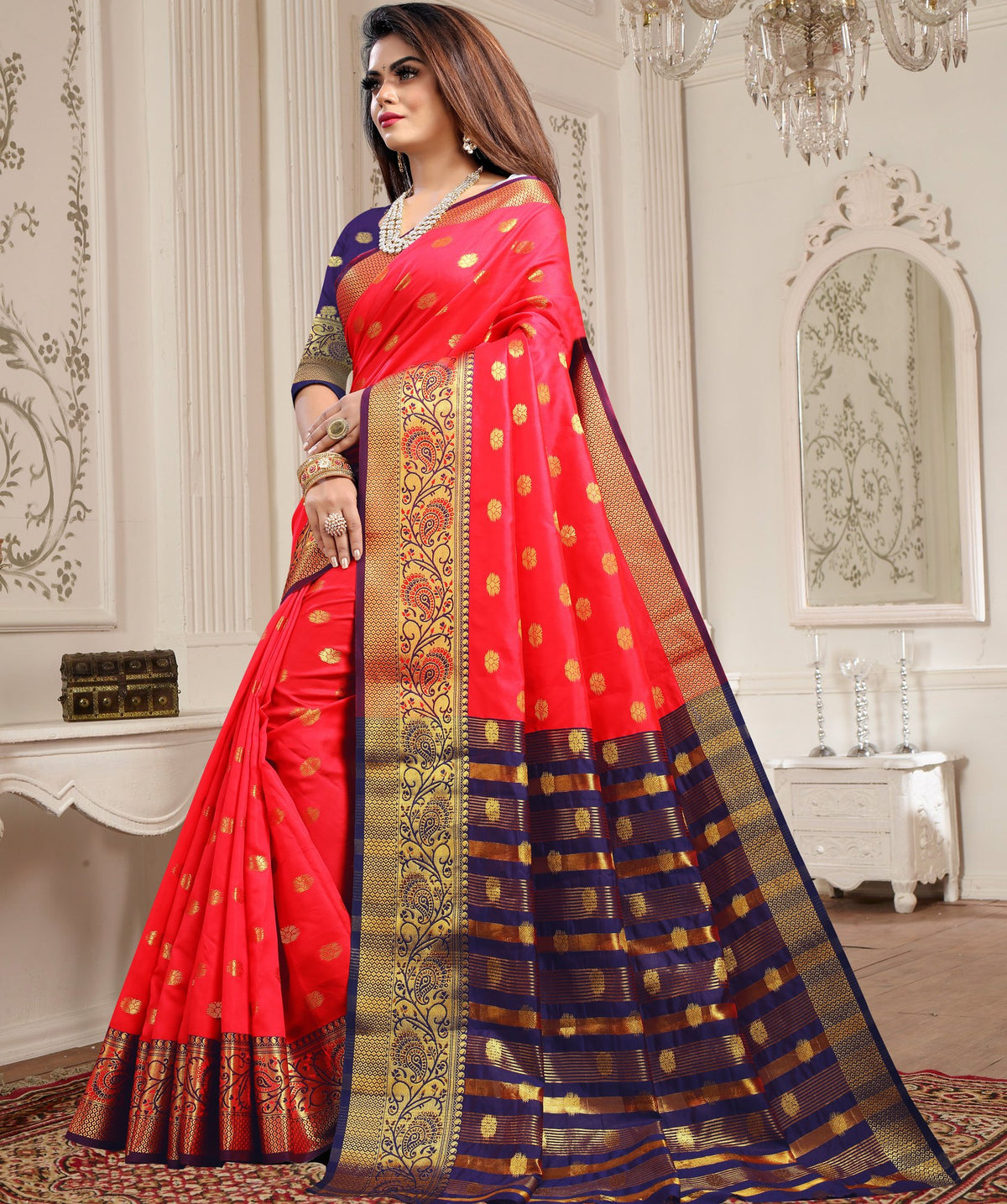 Lichi Art Silk Saree with Pokiya Butti – Gajri (Carrot Red)