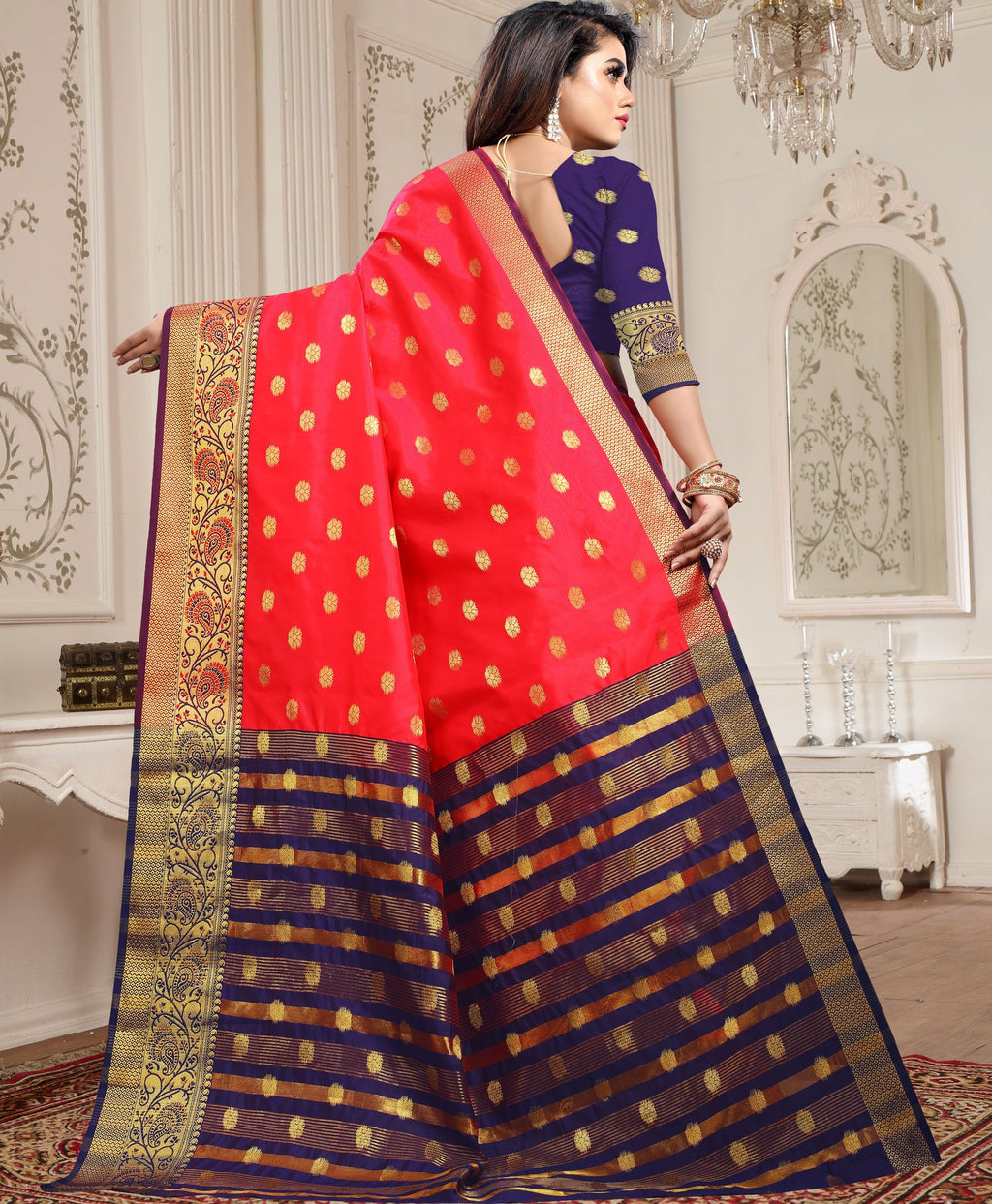 Lichi Art Silk Saree with Pokiya Butti – Gajri (Carrot Red)