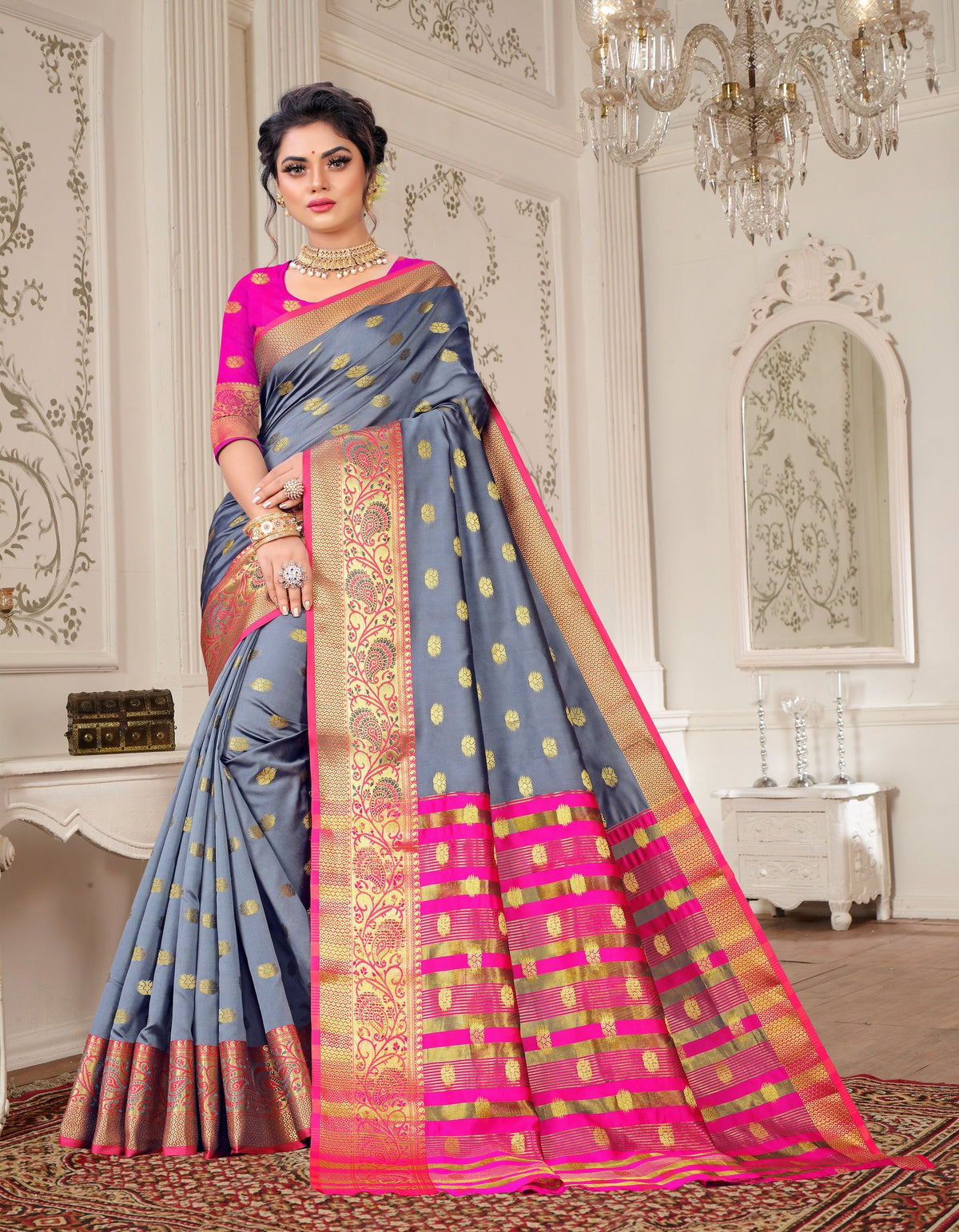 Lichi Art Silk Saree with Pokiya Butti – Grey