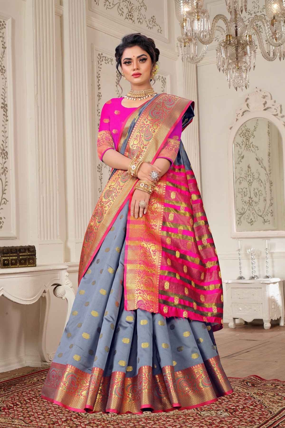 Lichi Art Silk Saree with Pokiya Butti – Grey