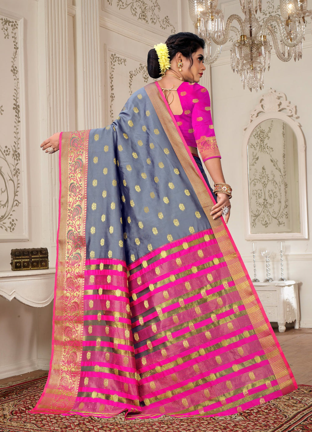 Lichi Art Silk Saree with Pokiya Butti – Grey