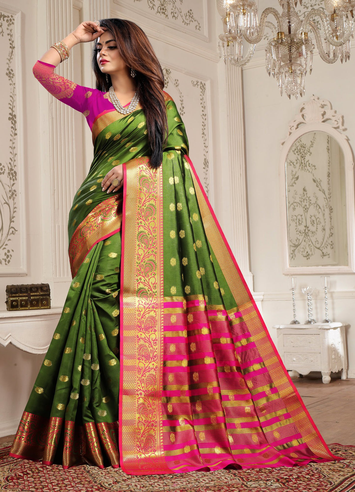 Lichi Art Silk Saree with Pokiya Butti – Mehndi