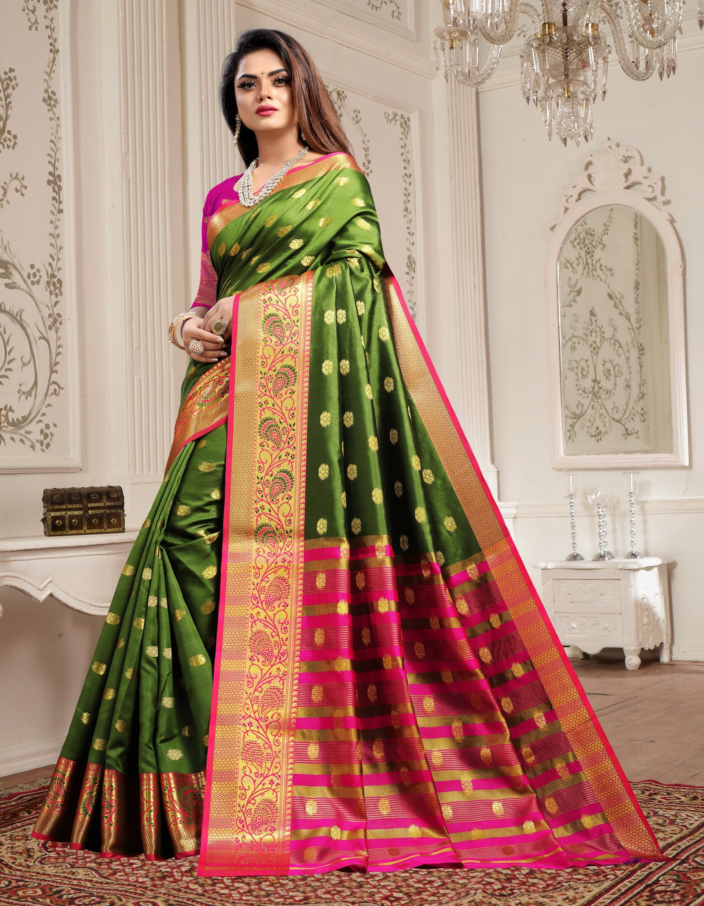 Lichi Art Silk Saree with Pokiya Butti – Mehndi