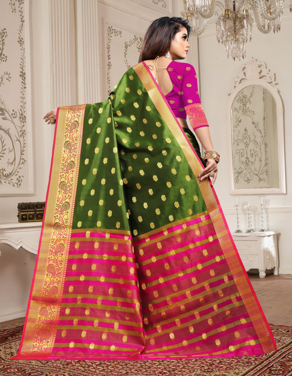 Lichi Art Silk Saree with Pokiya Butti – Mehndi