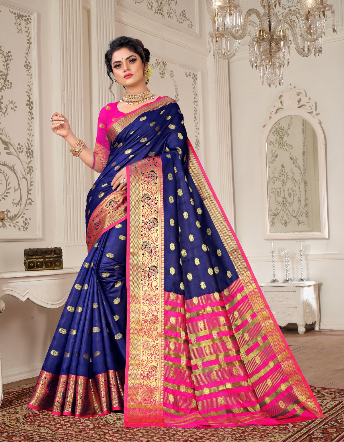 Lichi Art Silk Saree with Pokiya Butti – Navy Blue
