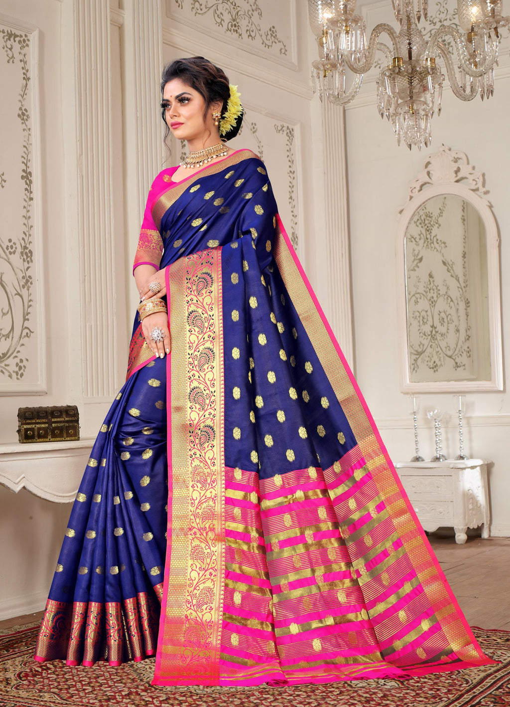 Lichi Art Silk Saree with Pokiya Butti – Navy Blue
