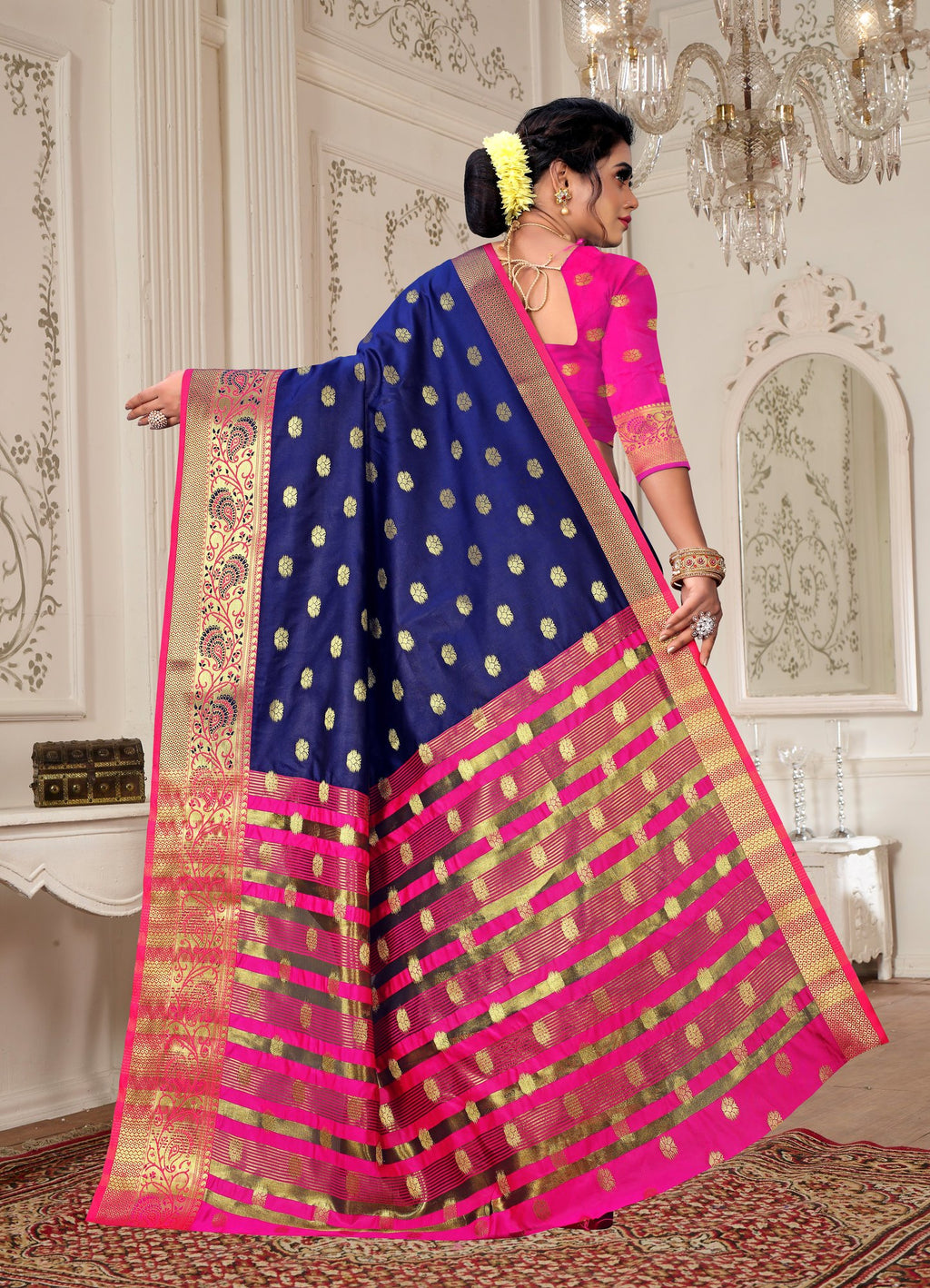 Lichi Art Silk Saree with Pokiya Butti – Navy Blue