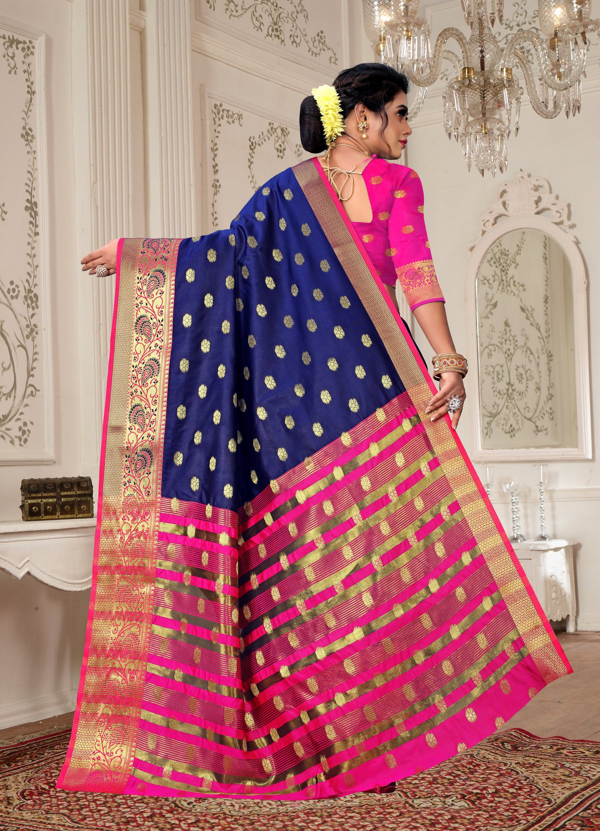 Lichi Art Silk Saree with Pokiya Butti – Navy Blue