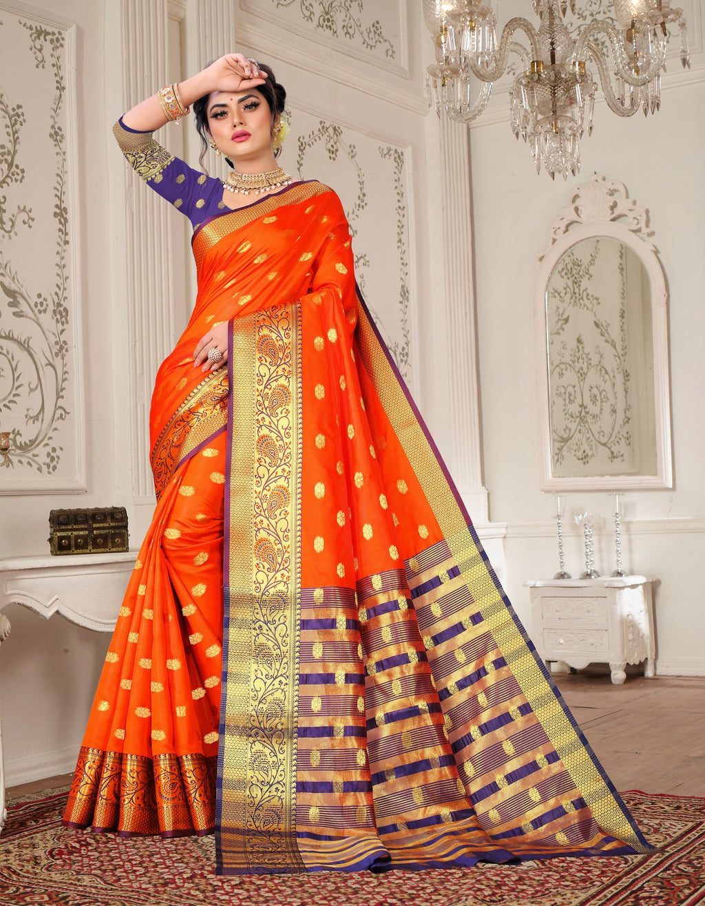 Lichi Art Silk Saree with Pokiya Butti – Orange