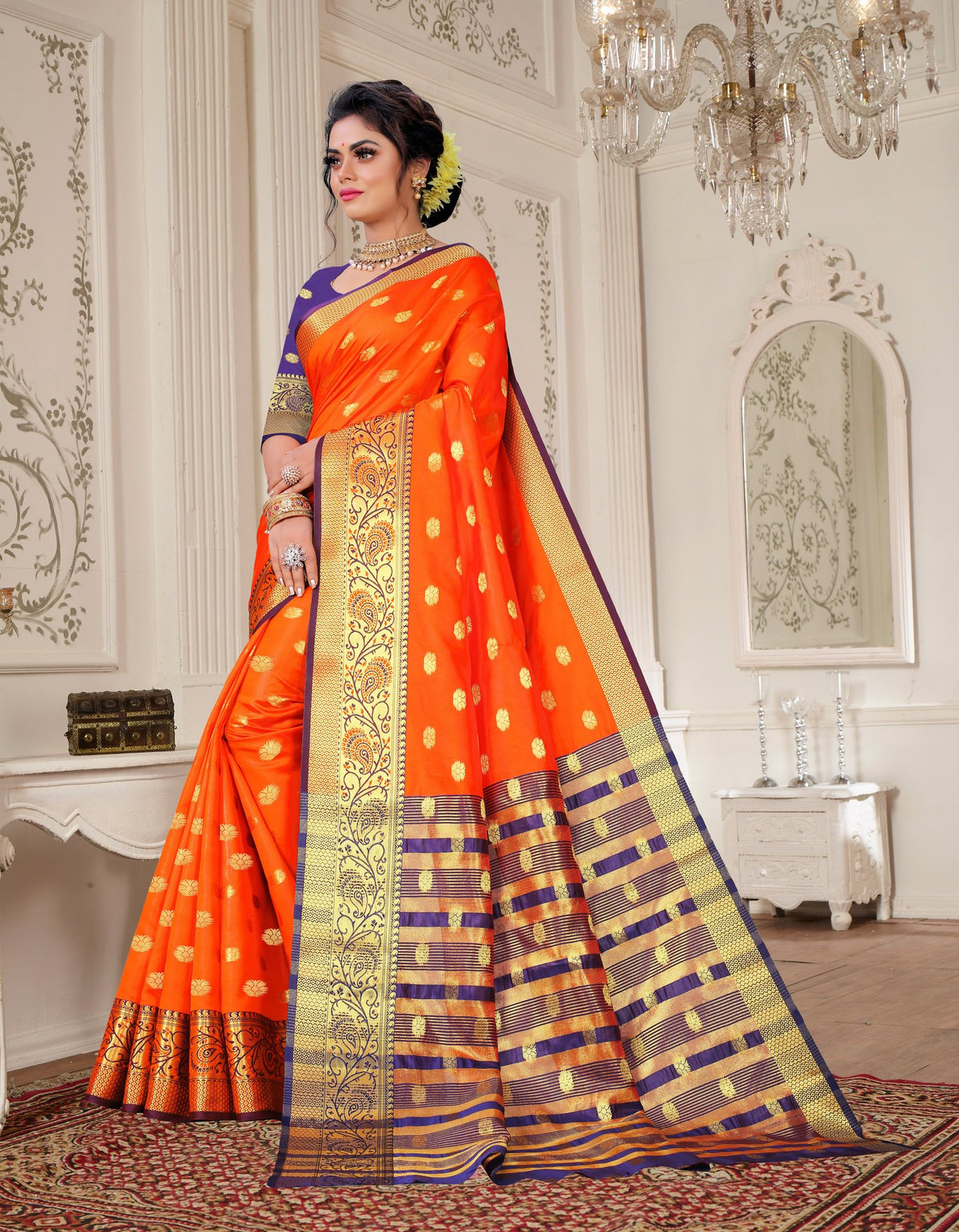 Lichi Art Silk Saree with Pokiya Butti – Orange