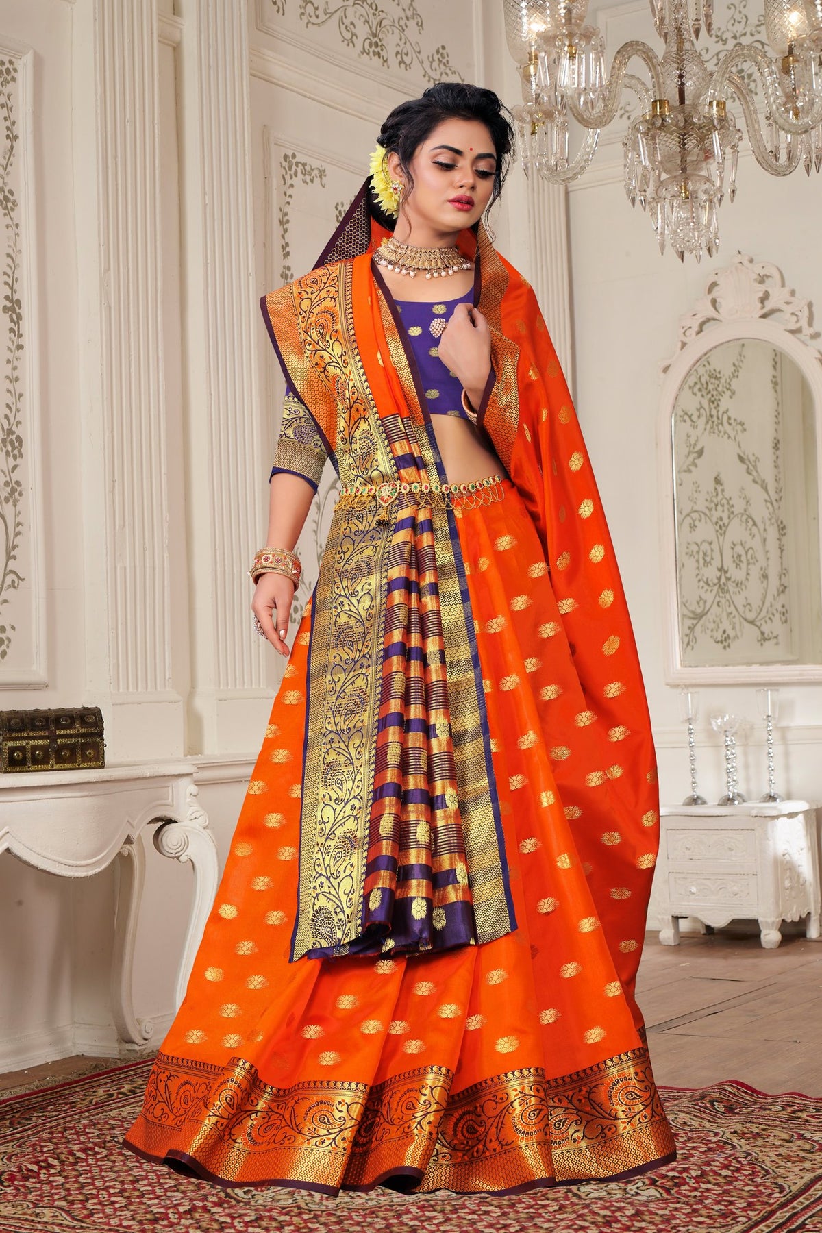 Lichi Art Silk Saree with Pokiya Butti – Orange