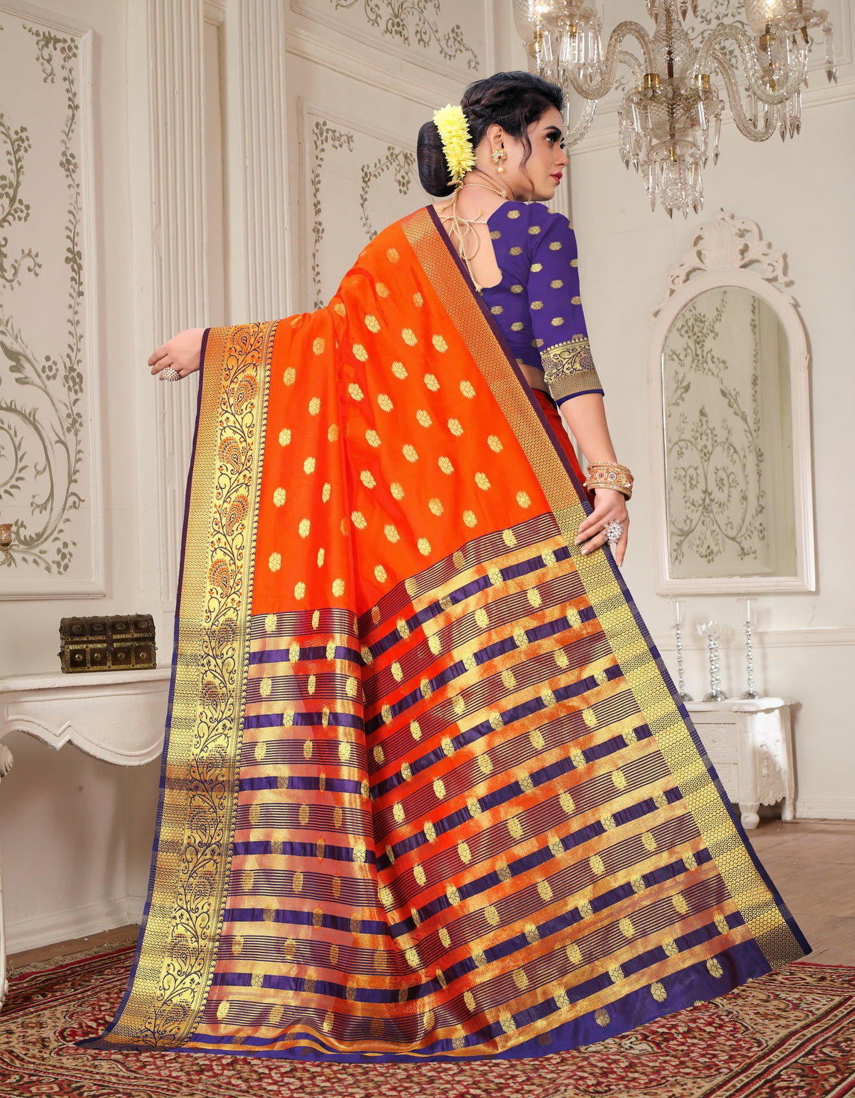 Lichi Art Silk Saree with Pokiya Butti – Orange