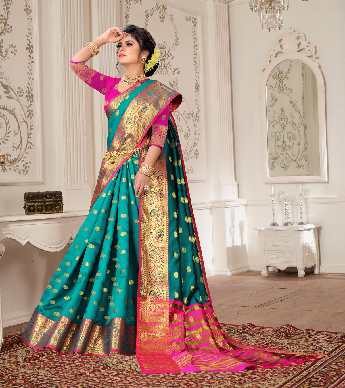 Lichi Art Silk Saree with Pokiya Butti – Rama Blue