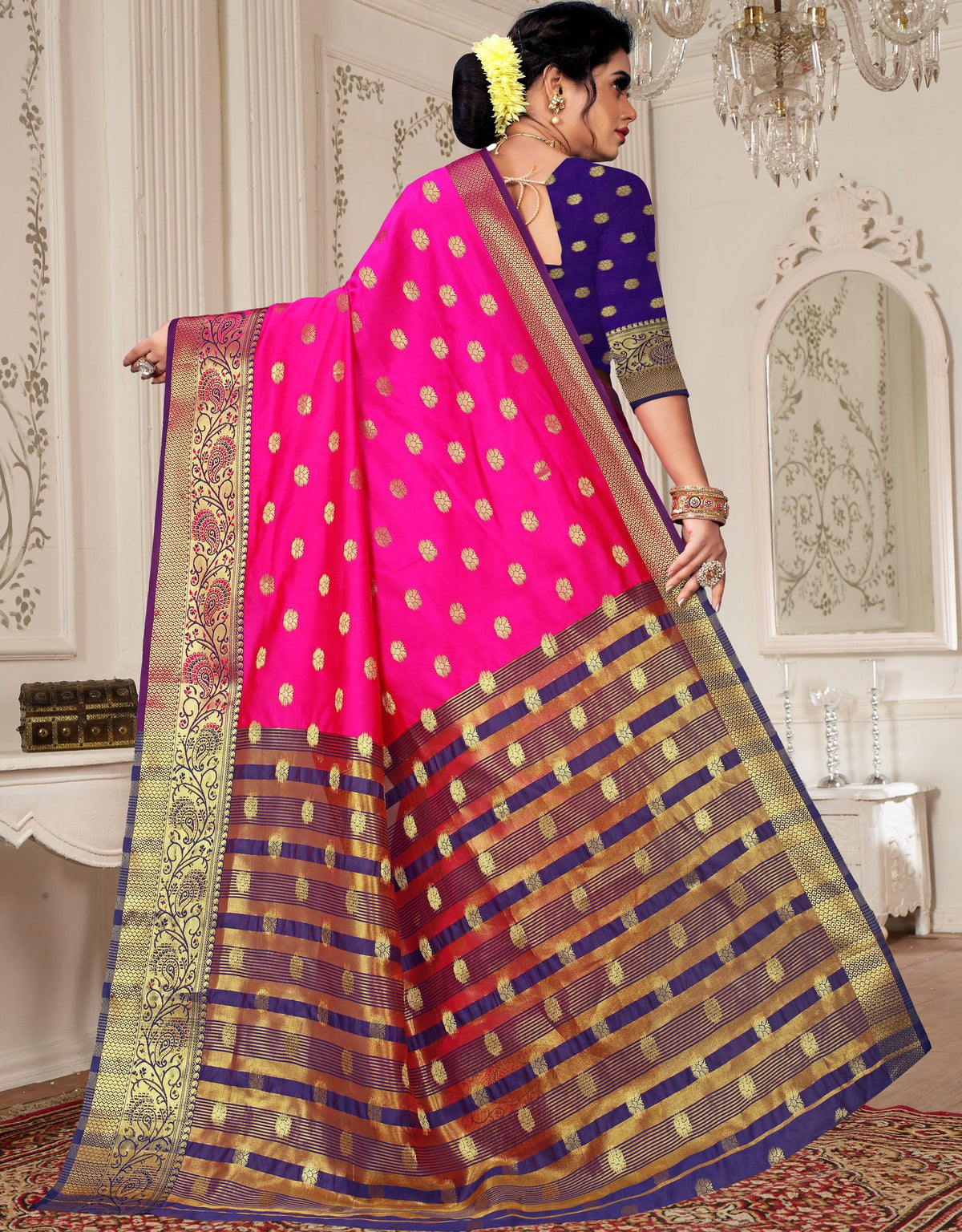 Lichi Art Silk Saree with Pokiya Butti – Rani Pink