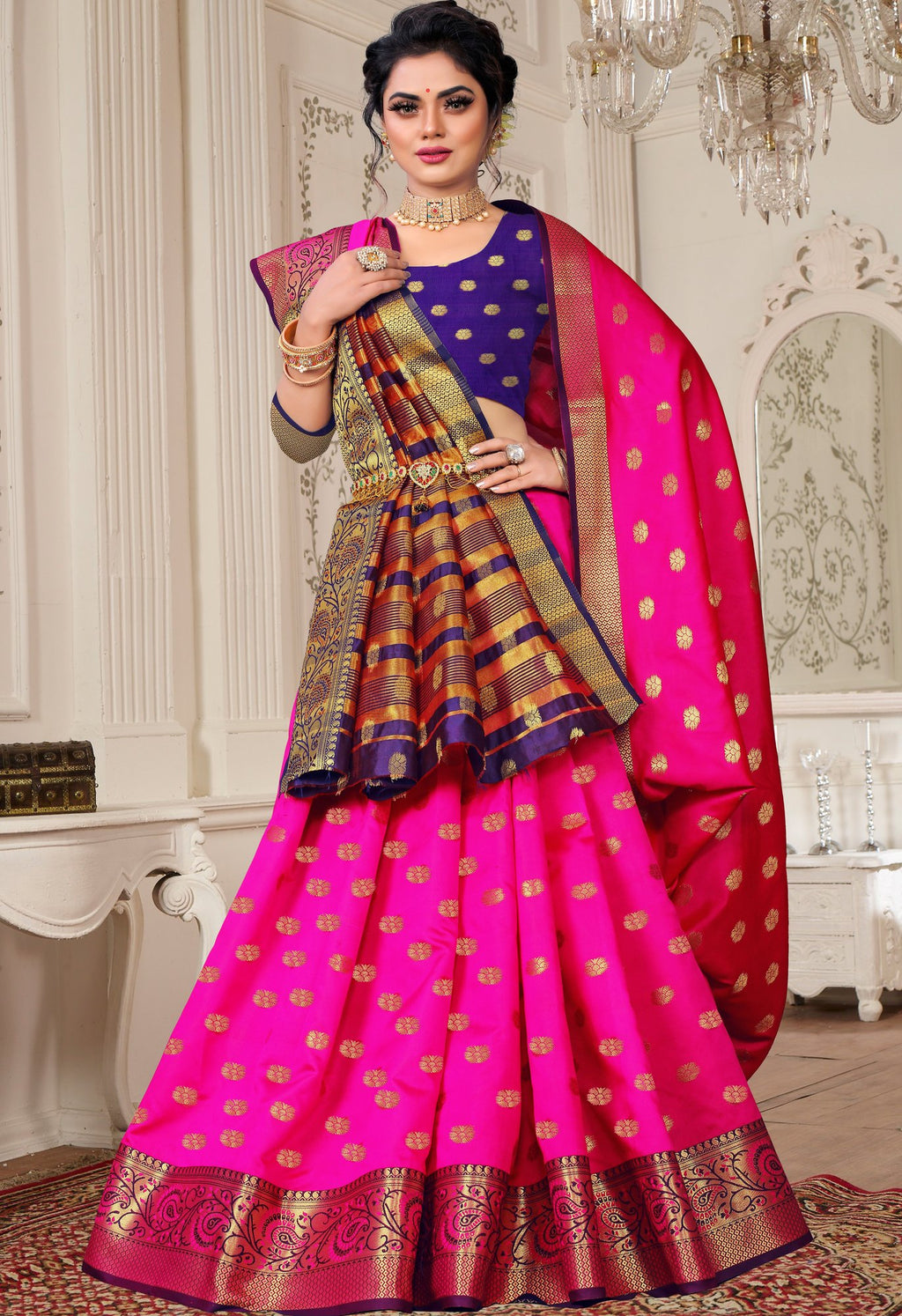 Lichi Art Silk Saree with Pokiya Butti – Rani Pink