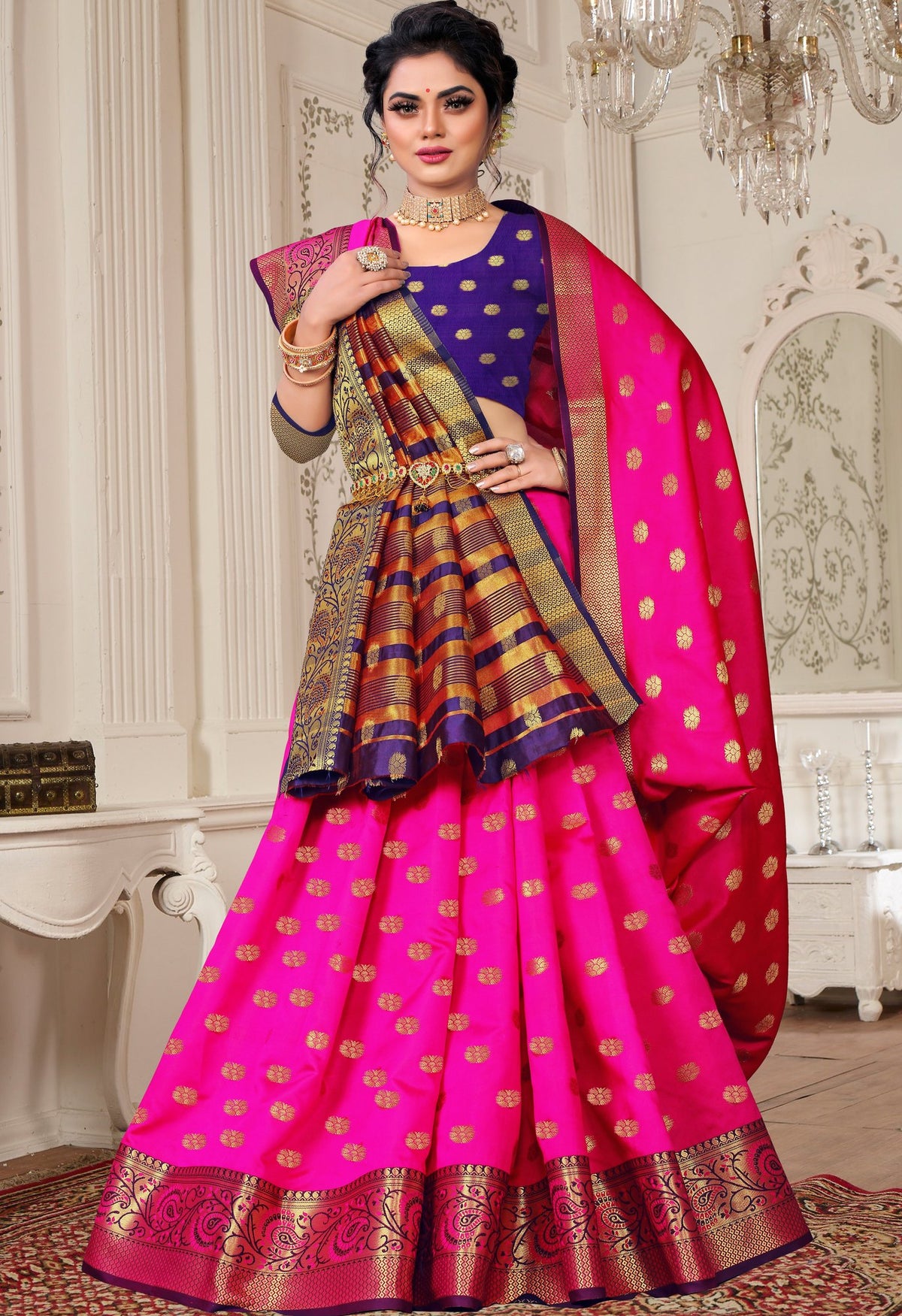 Lichi Art Silk Saree with Pokiya Butti – Rani Pink