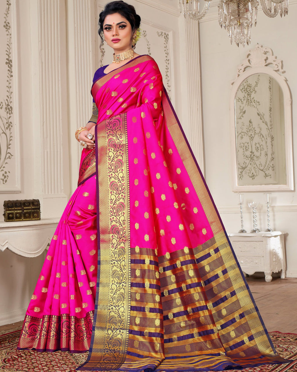 Lichi Art Silk Saree with Pokiya Butti – Rani Pink