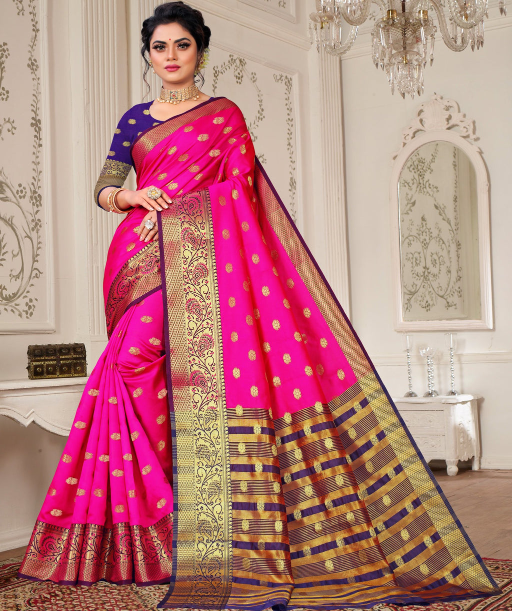 Lichi Art Silk Saree with Pokiya Butti – Rani Pink