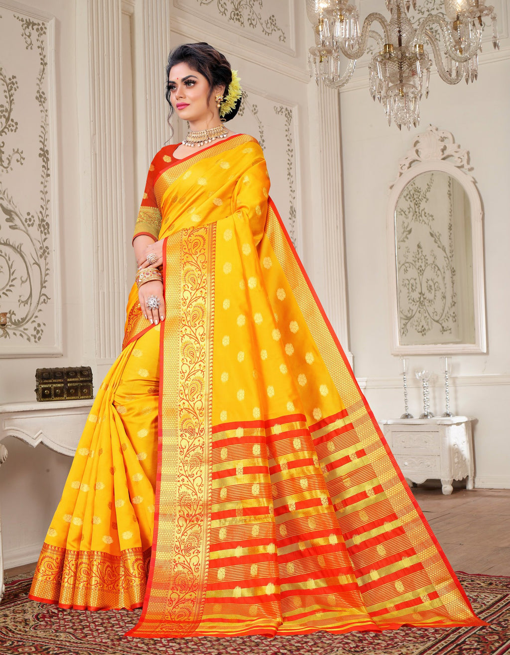 Lichi Art Silk Saree with Pokiya Butti – Yellow