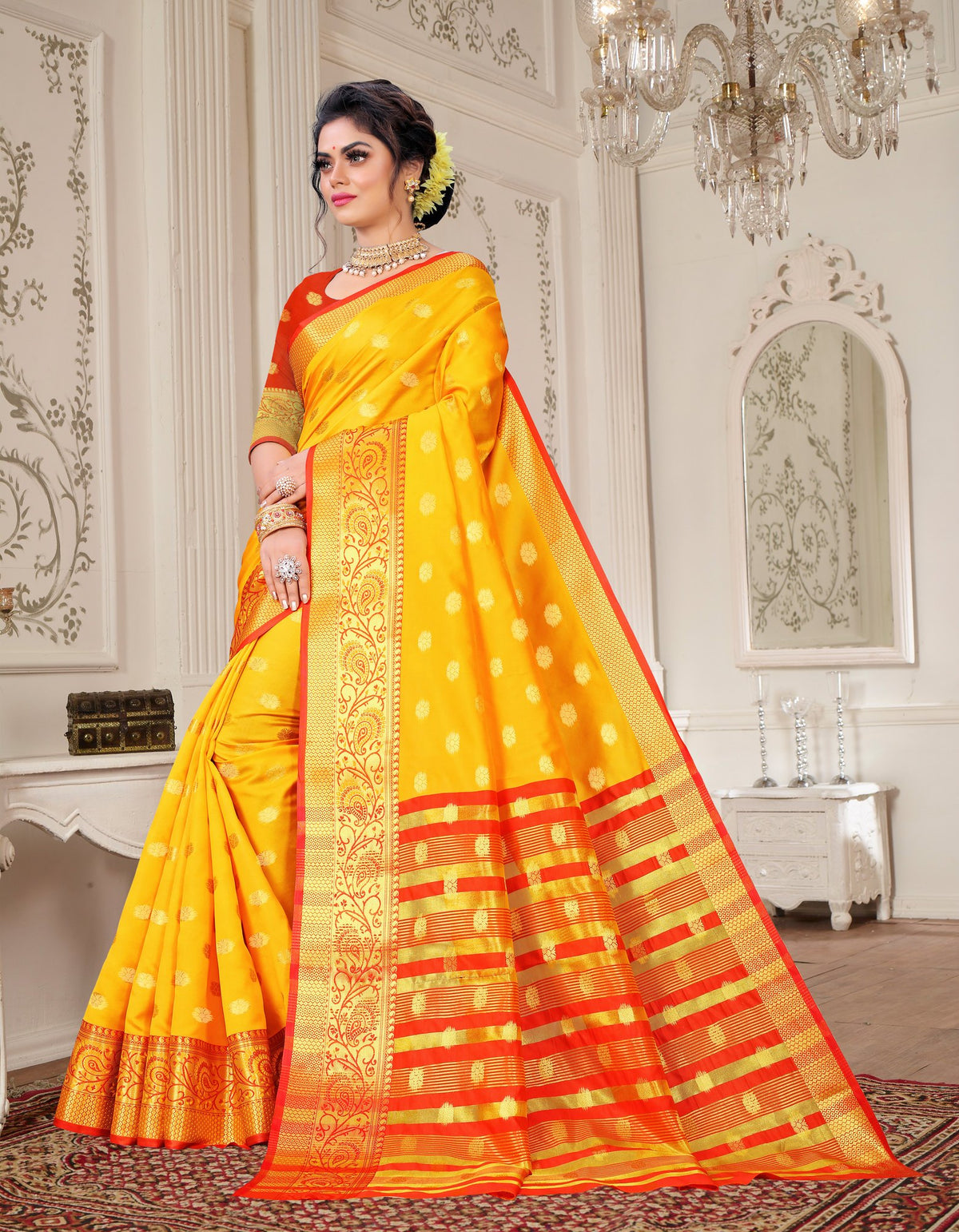 Lichi Art Silk Saree with Pokiya Butti – Yellow