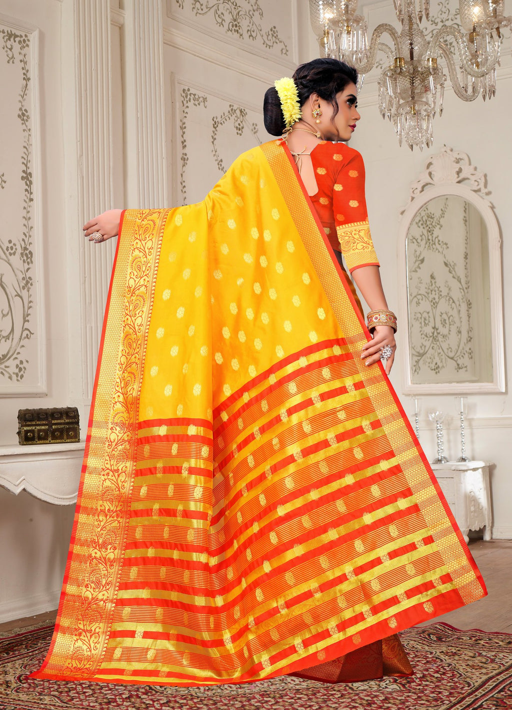 Lichi Art Silk Saree with Pokiya Butti – Yellow