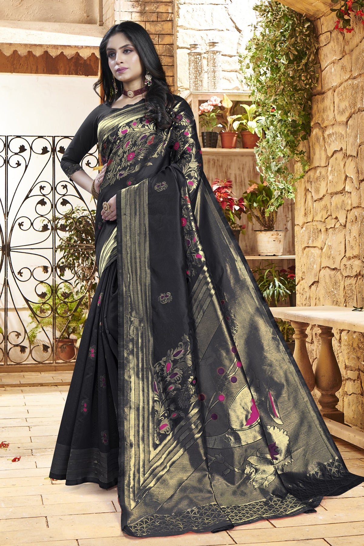 Meenakari Zari Art Silk Saree – Black