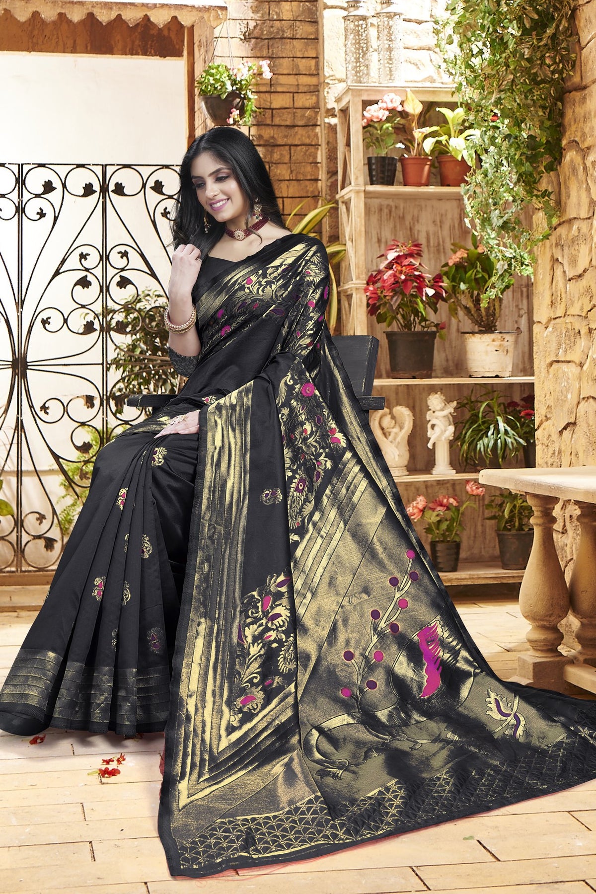 Meenakari Zari Art Silk Saree – Black