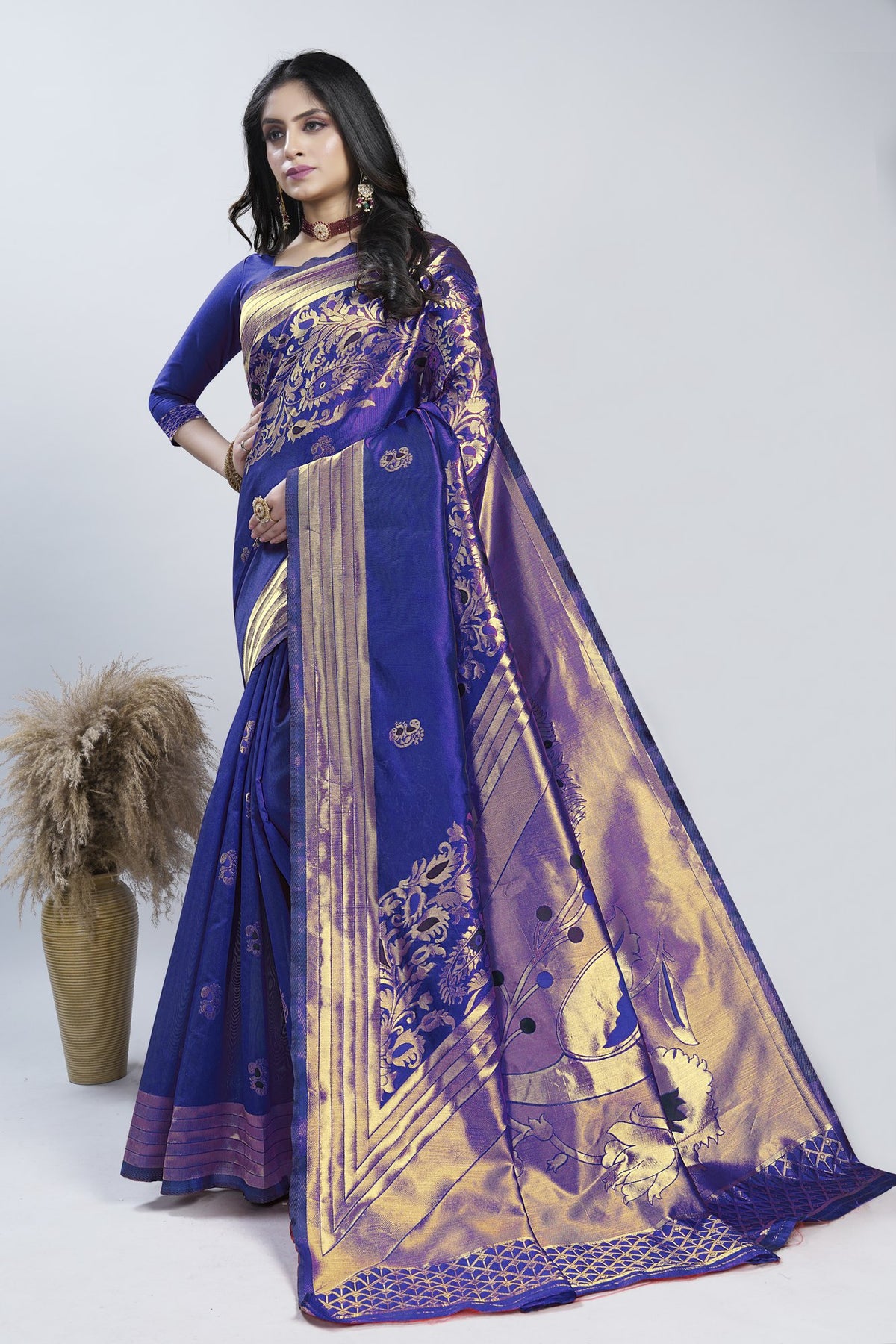 Meenakari Zari Art Silk Saree – Navy Blue