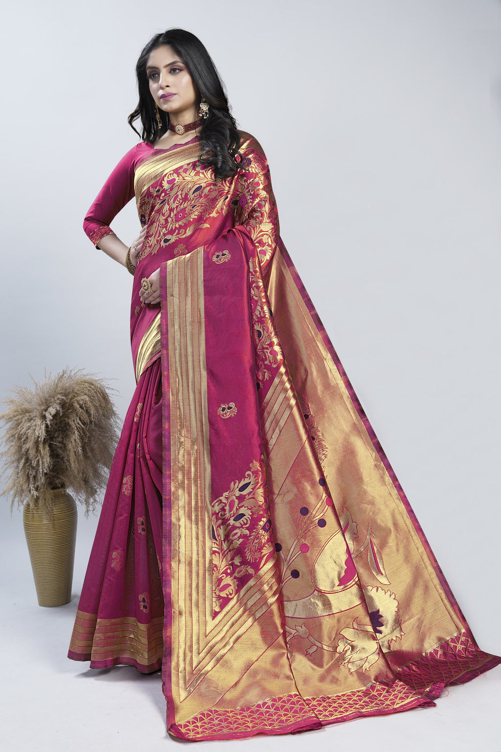 Meenakari Zari Art Silk Saree – Rani Pink