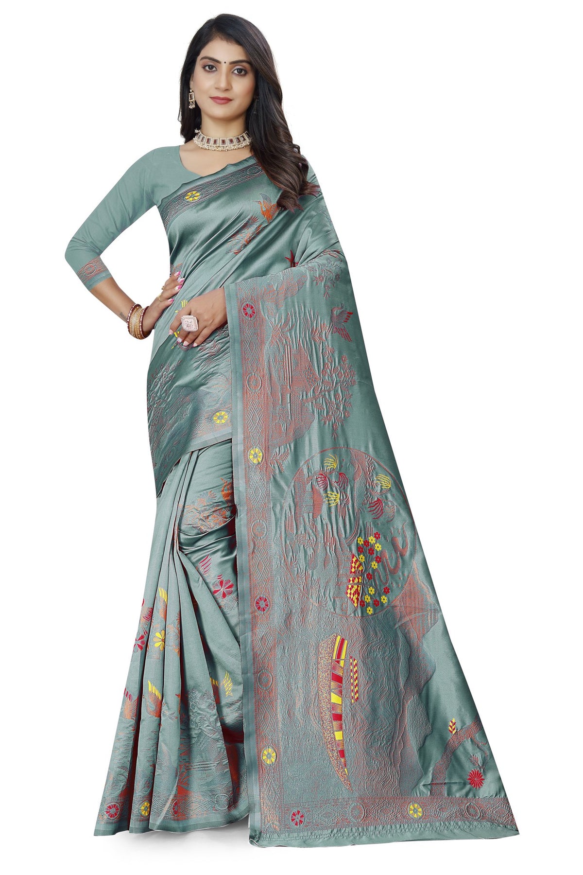 Meenakari Butti Art Silk Saree – Sea Green