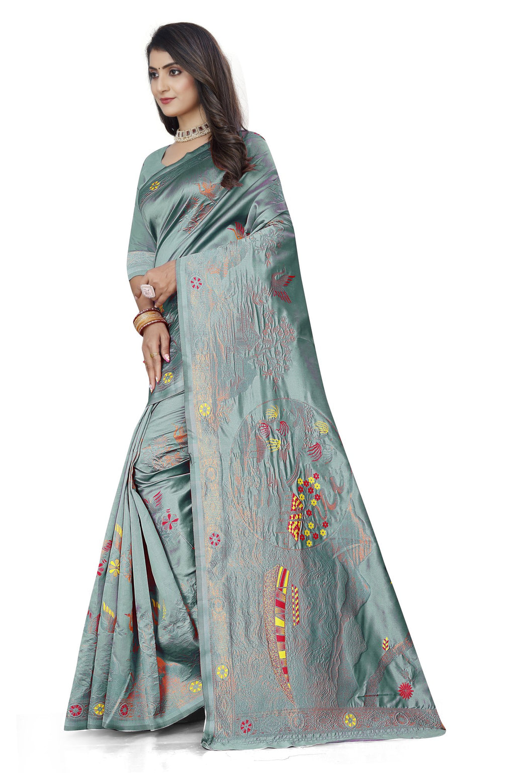 Meenakari Butti Art Silk Saree – Sea Green