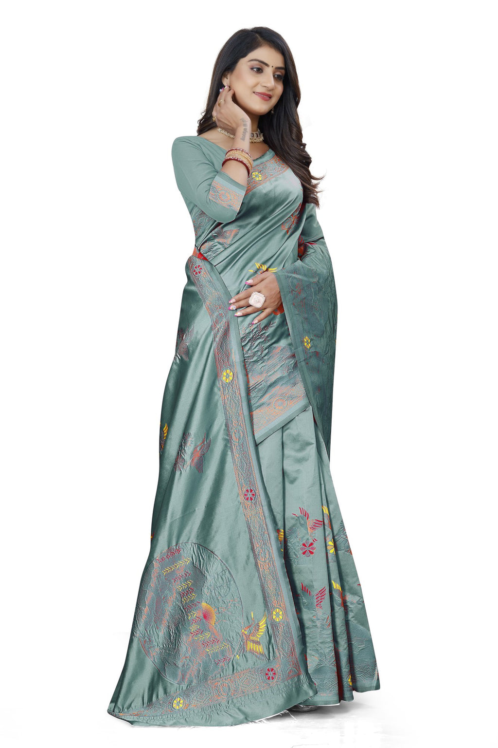 Meenakari Butti Art Silk Saree – Sea Green