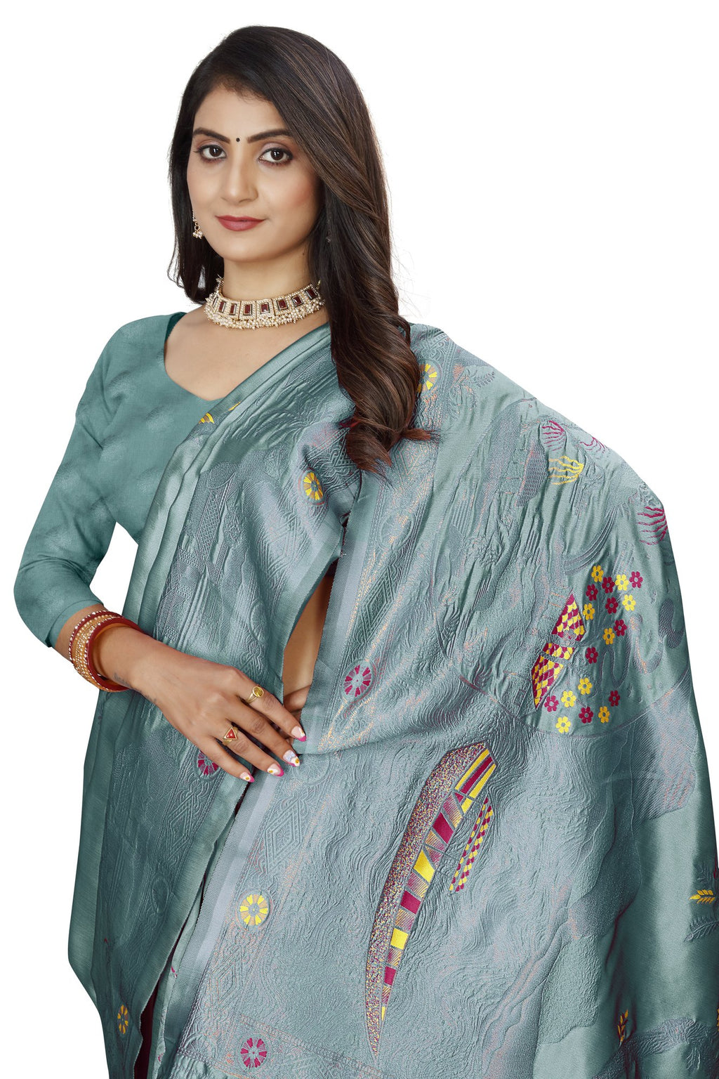 Meenakari Butti Art Silk Saree – Sea Green