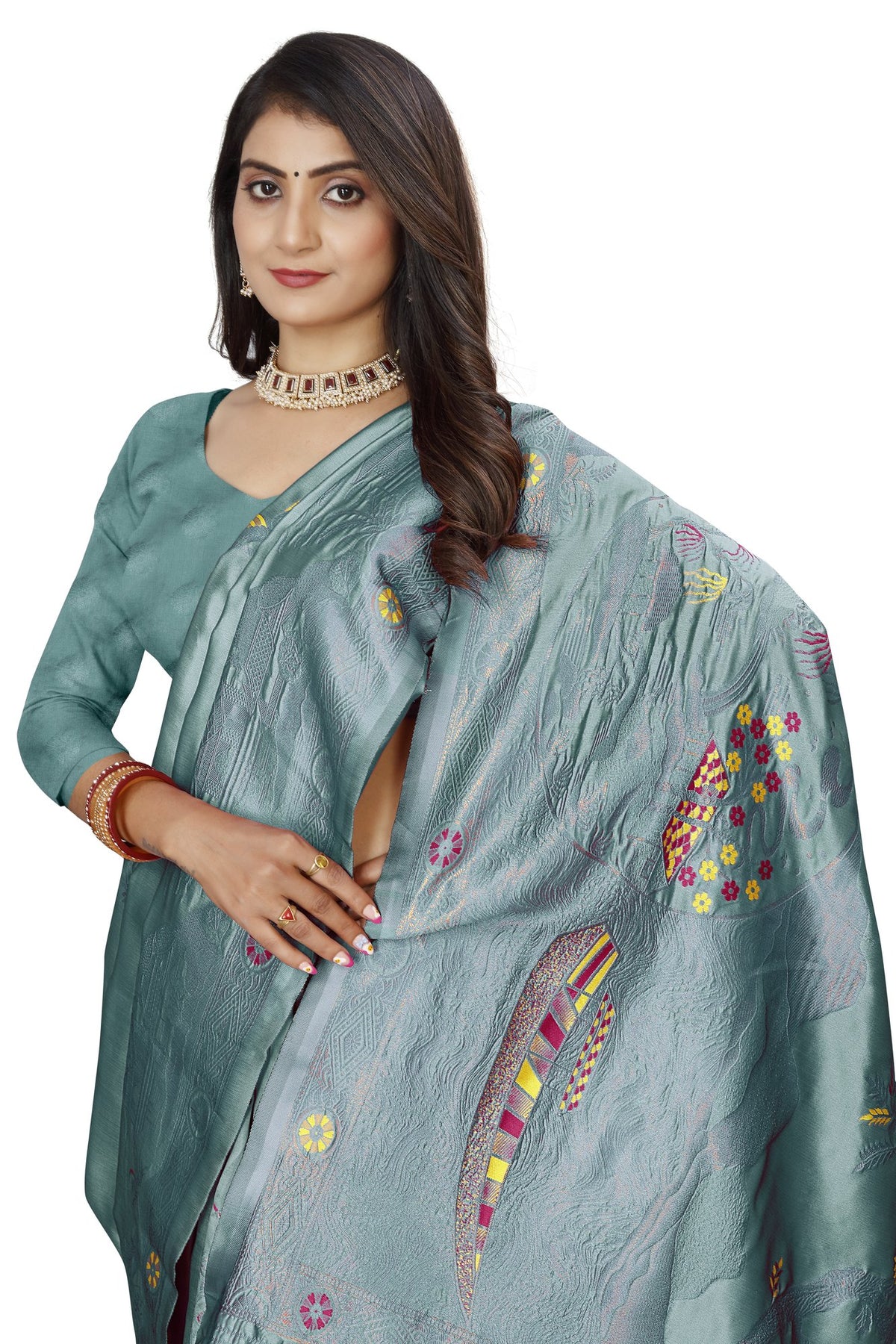Meenakari Butti Art Silk Saree – Sea Green
