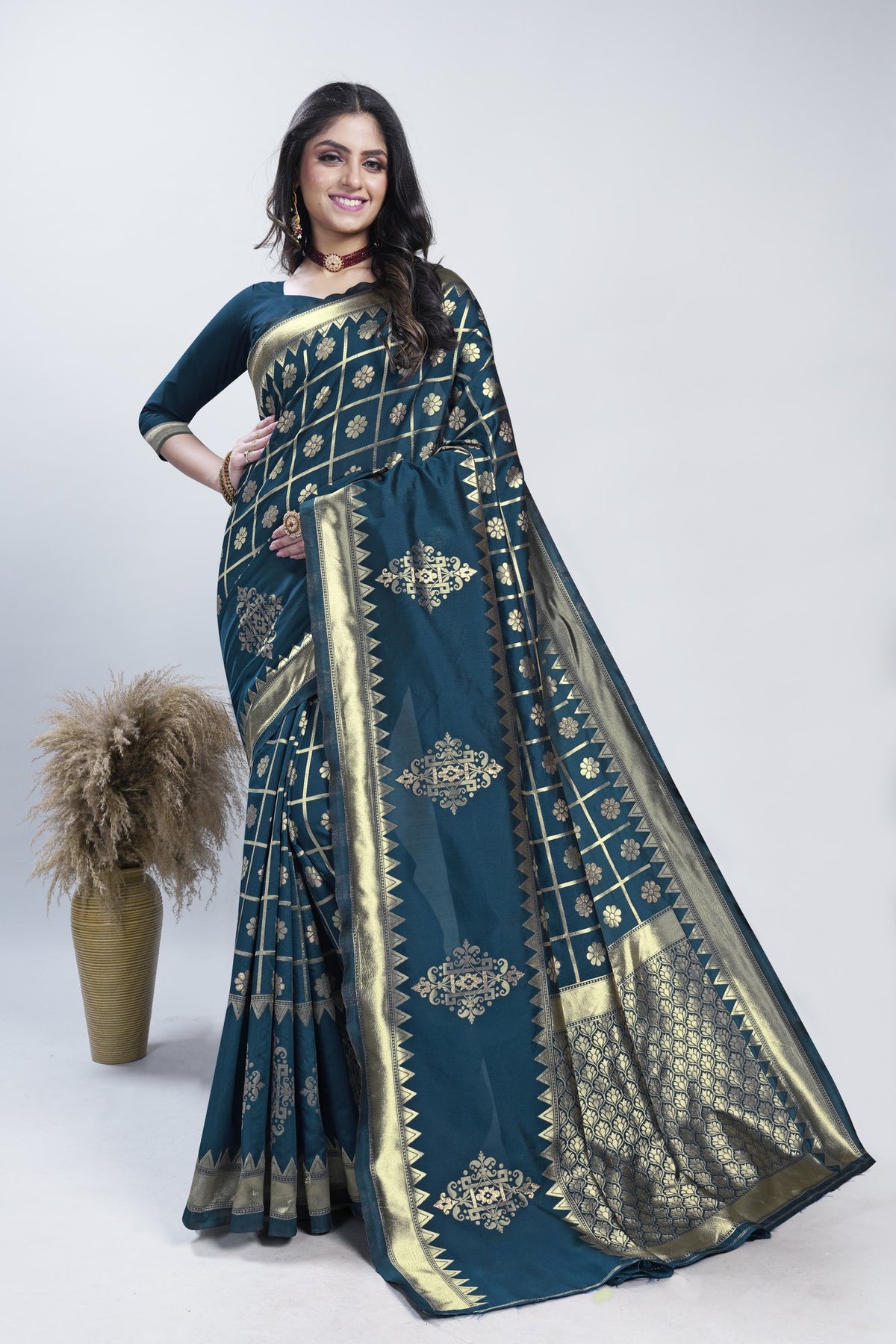 Gold Zari Checks Art Silk Saree – Morpichh (Peacock Blue)