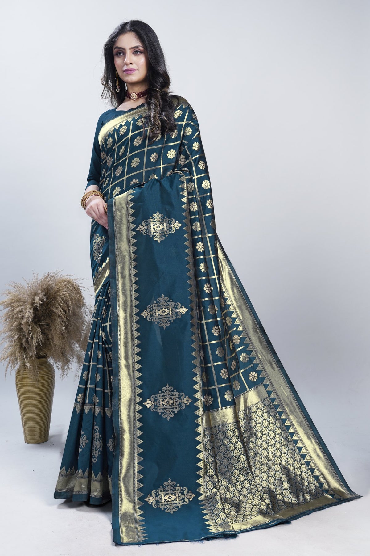 Gold Zari Checks Art Silk Saree – Morpichh (Peacock Blue)